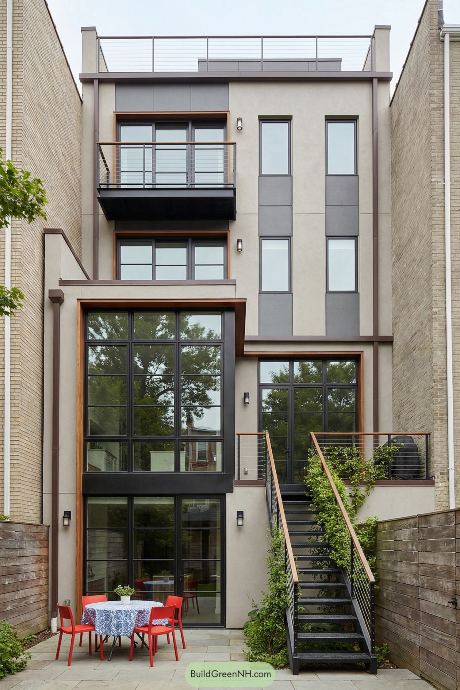 Modern brownstone rear facade with large glass and metal stair