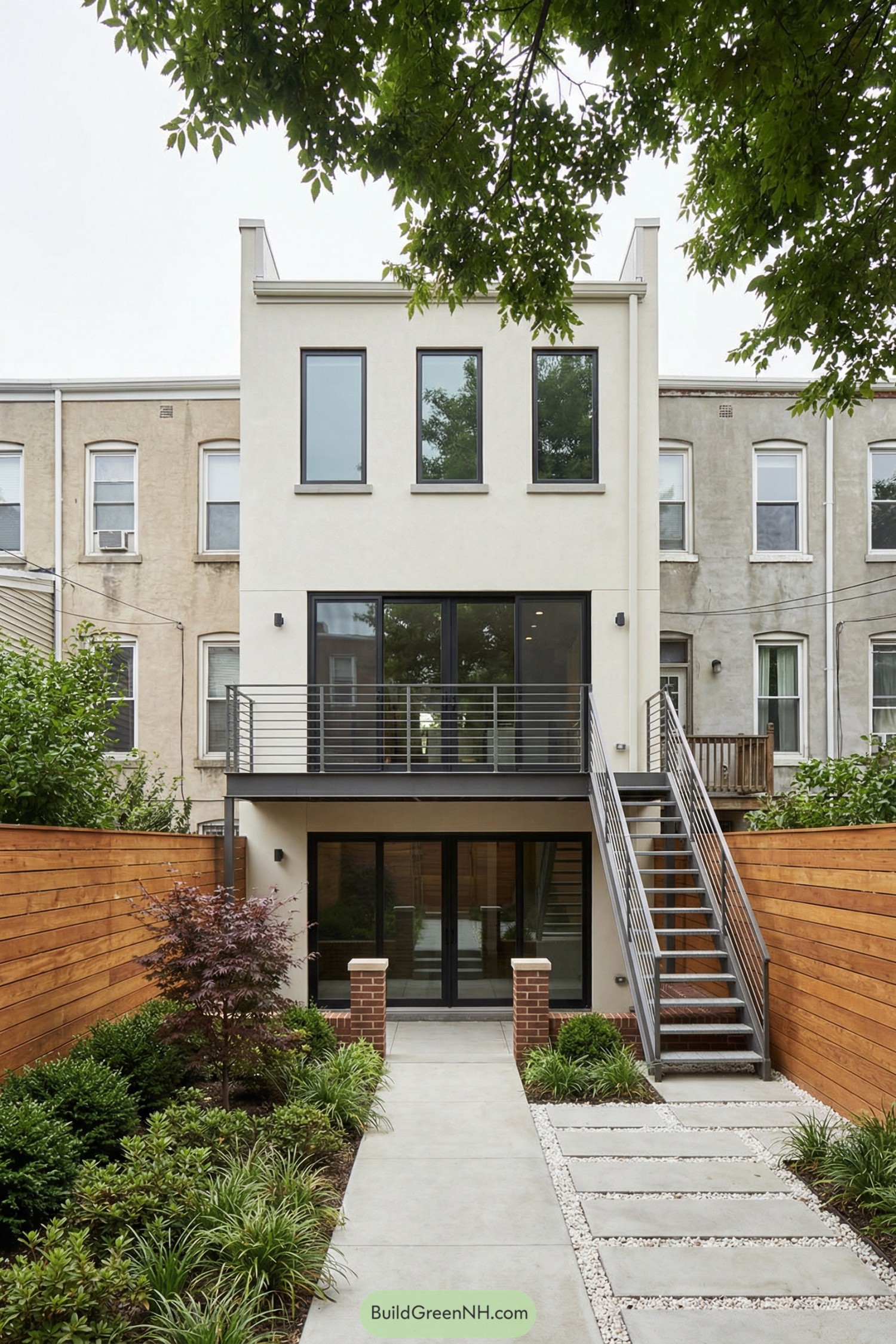 Modern three-story brownstone with cream facade, large glass doors, metal stair, and landscaped fenced backyard