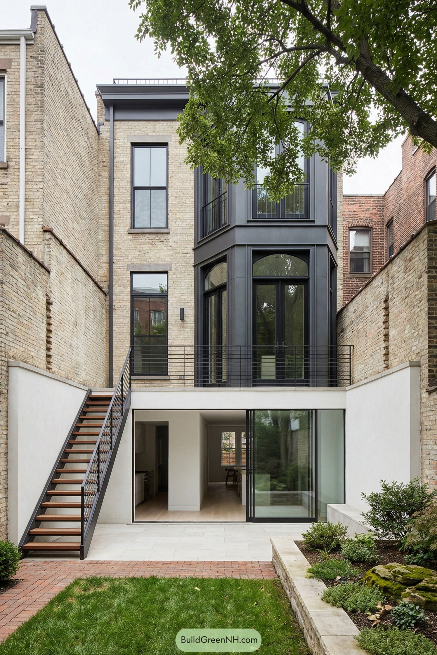 Modern brownstone rear facade with tall black-framed bay windows, terrace stair, and landscaped yard