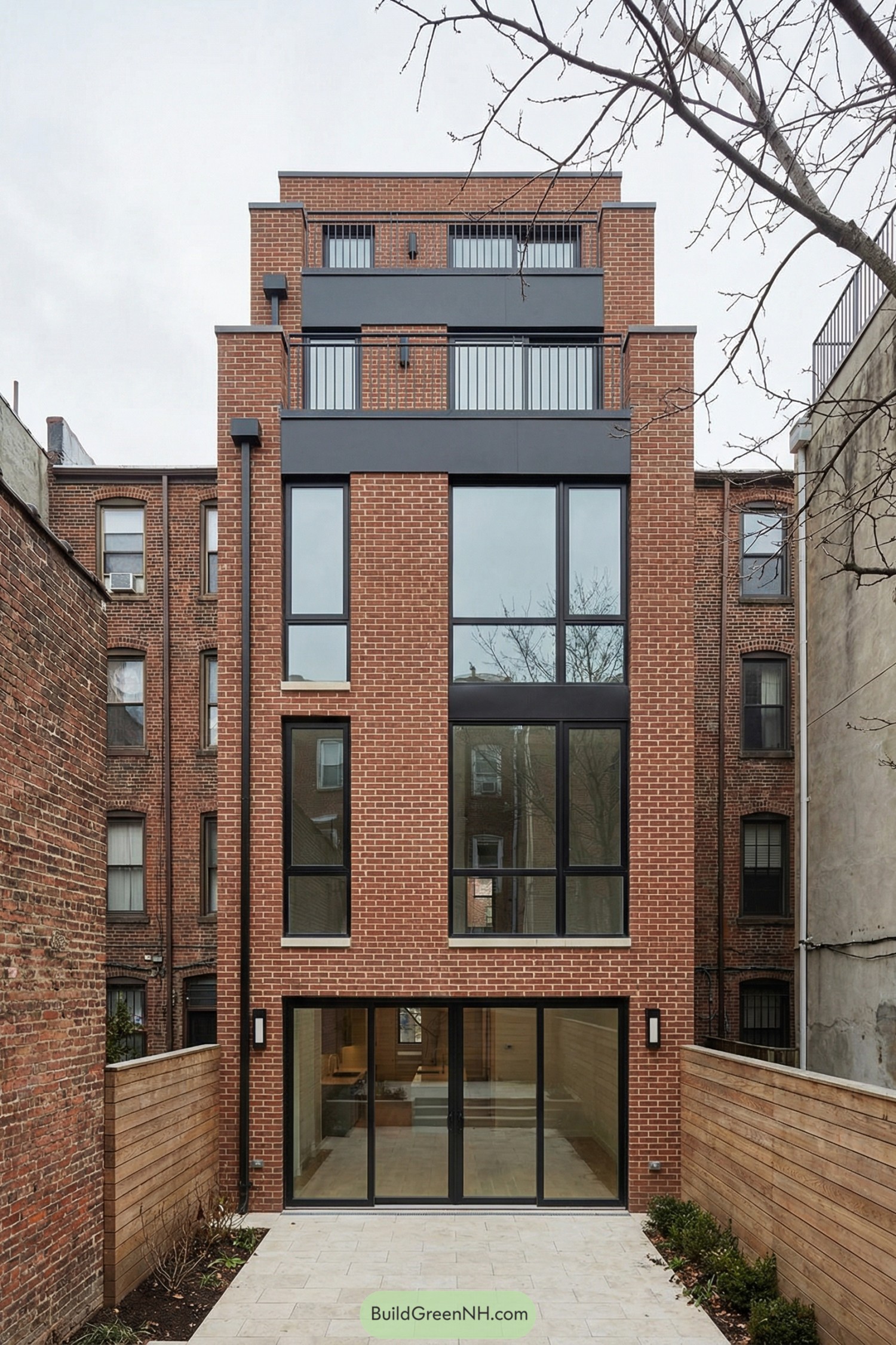 Modern brick brownstone rear facade with large windows and patio