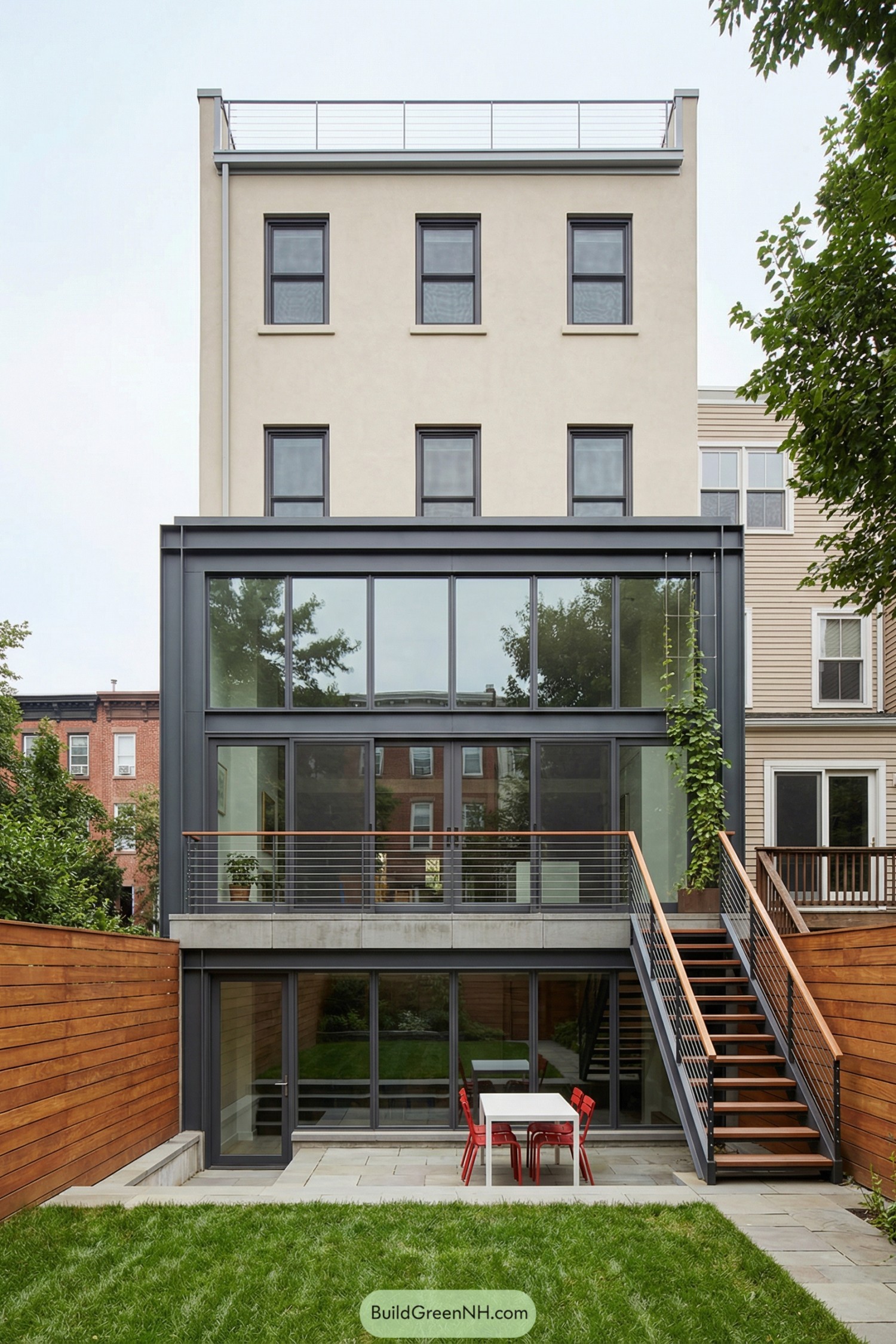 Modern brownstone rear facade with full-height glass, metal framing, and a small lawn patio