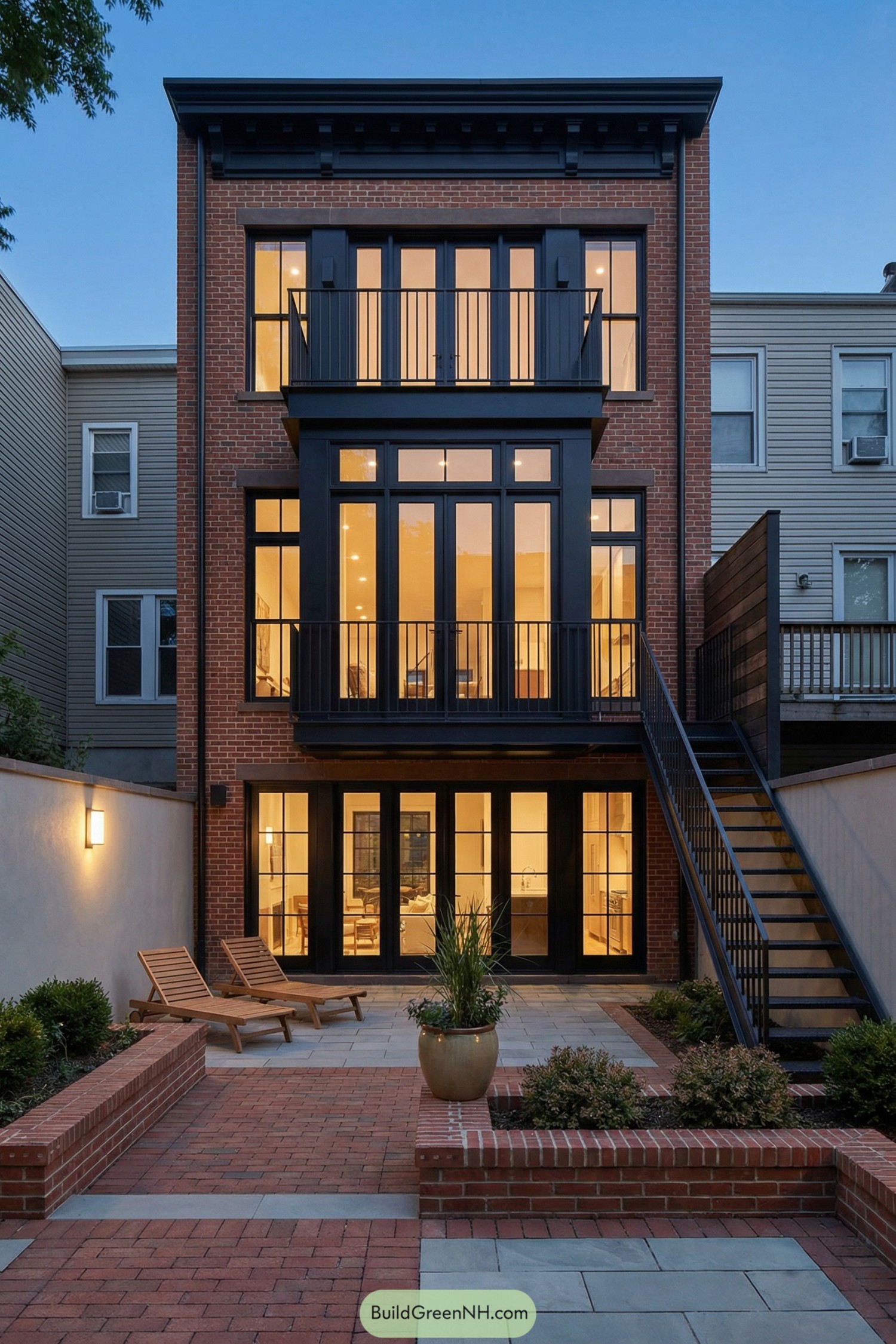 Three-story brick brownstone with black-framed glass opening to a landscaped courtyard patio