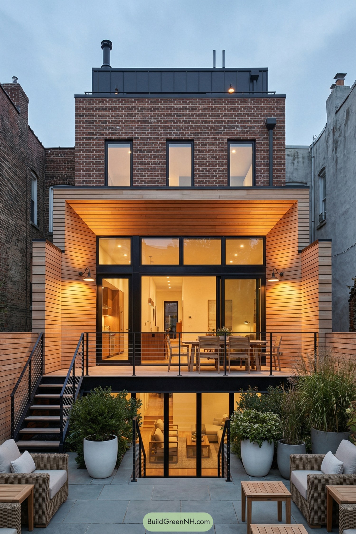 Modern brownstone with wood-clad terrace and patio