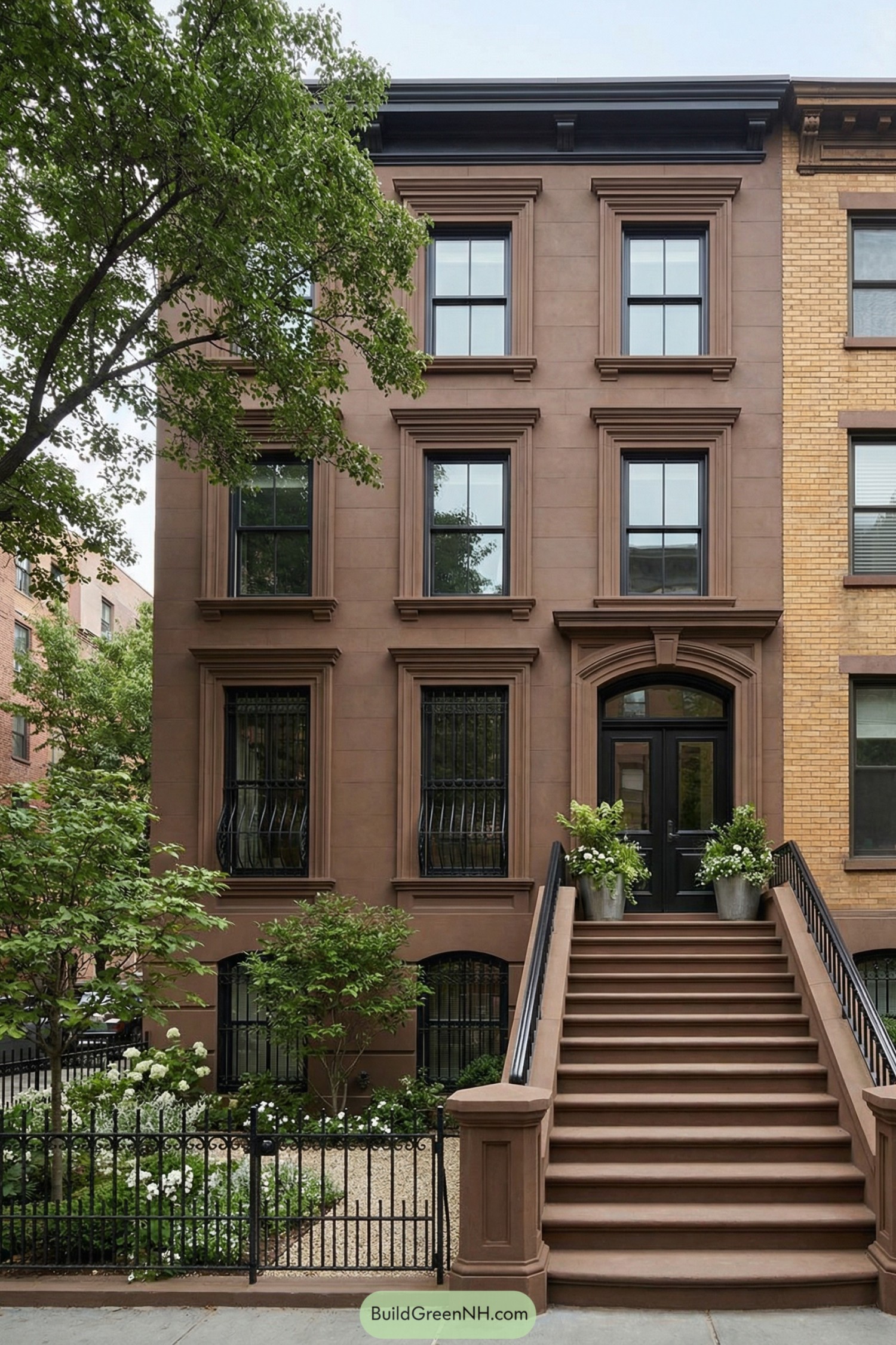 Renovated brownstone facade with grand stoop and lush front garden