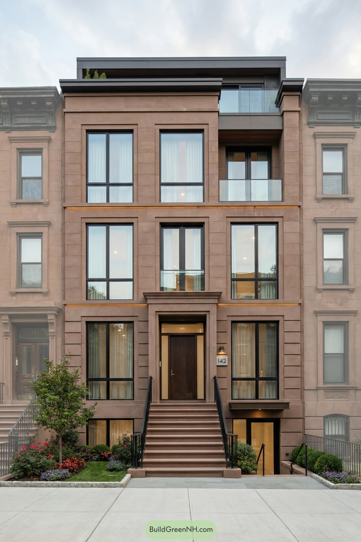 Modern brownstone facade with tall windows and rooftop terrace