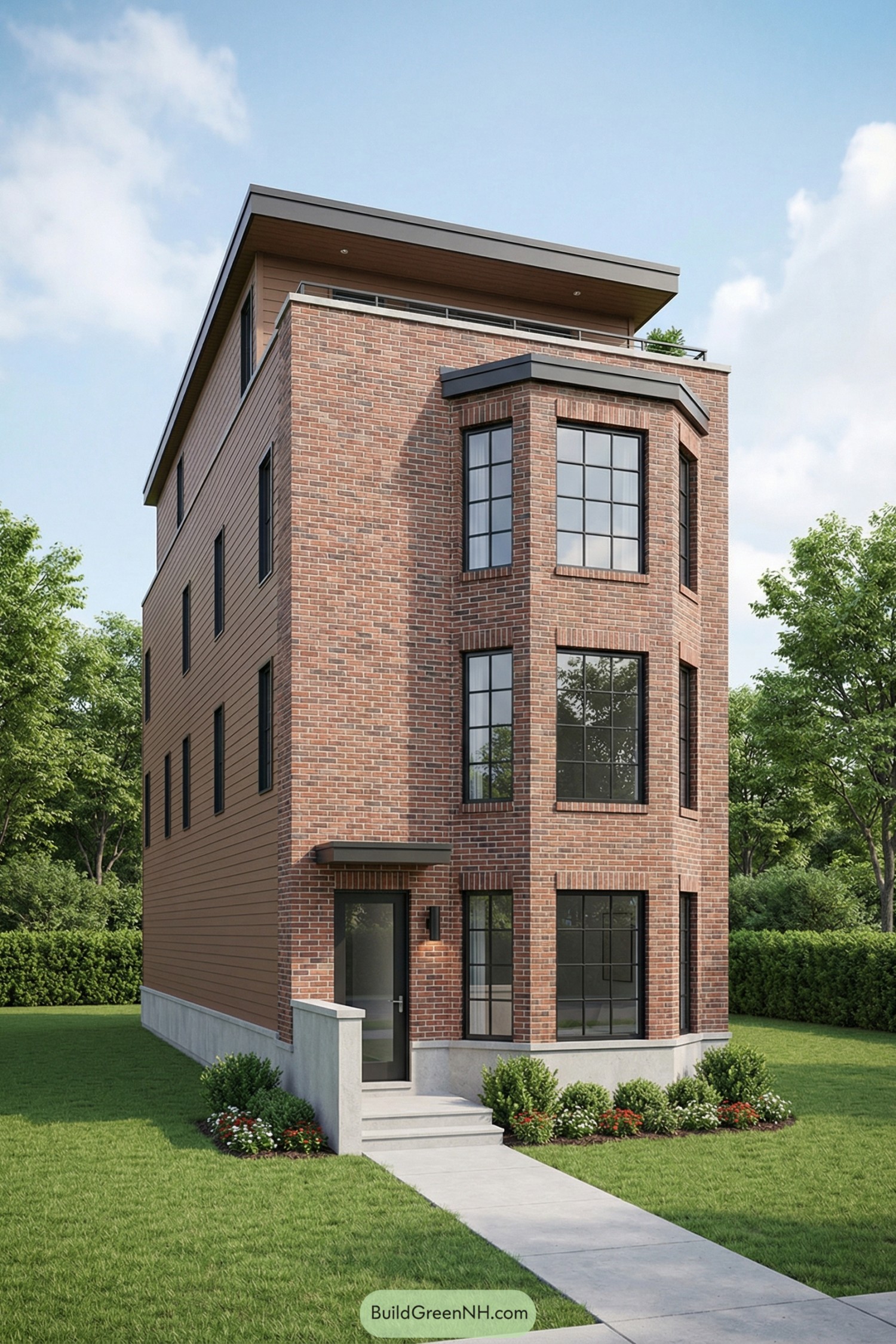 Narrow multi-story brownstone with brick façade, tall bay windows, and rooftop terrace set in a green yard