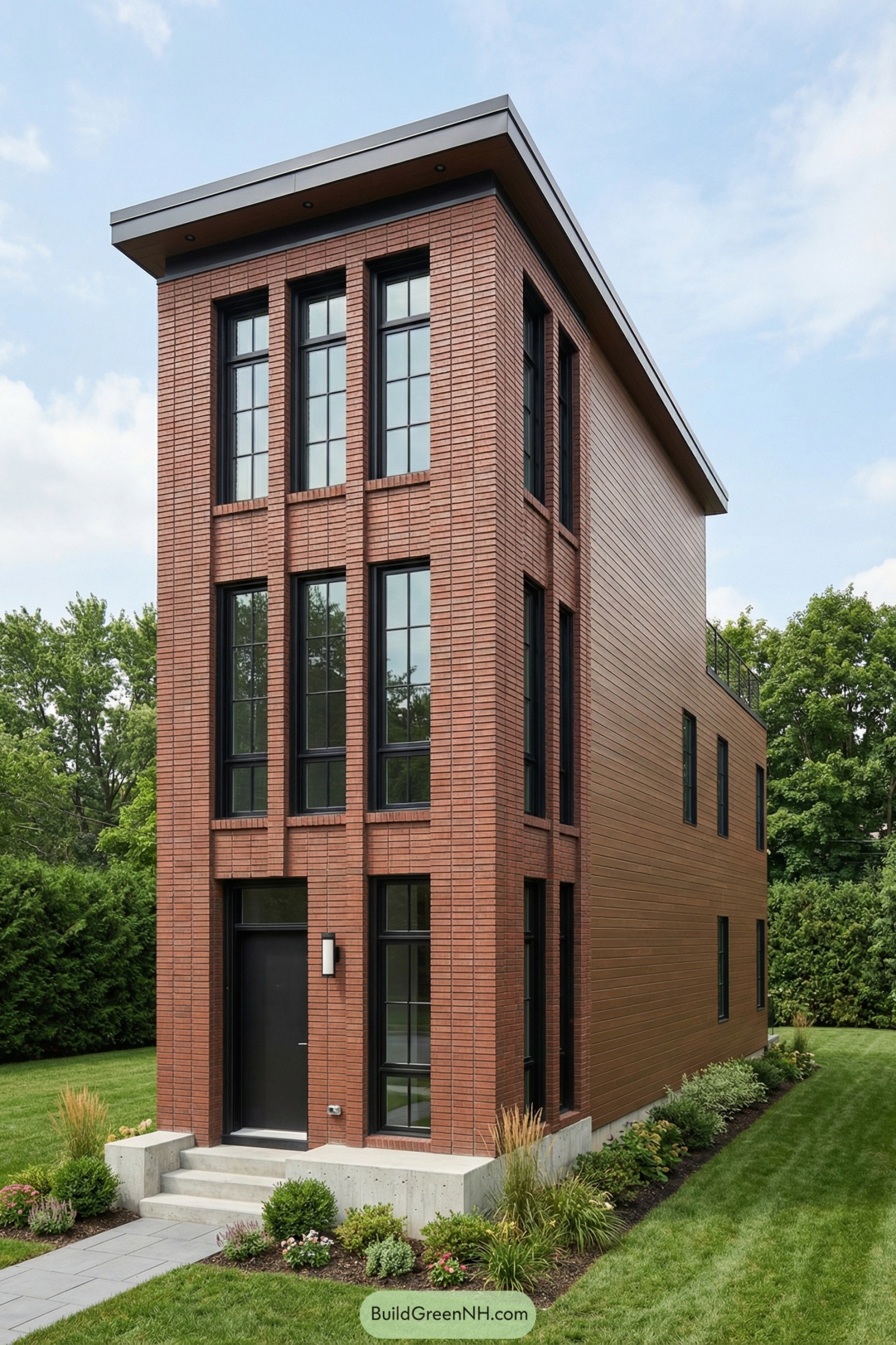 Tall narrow brick-clad brownstone with black-framed windows, flat roof overhang, and landscaped lawn on all sides