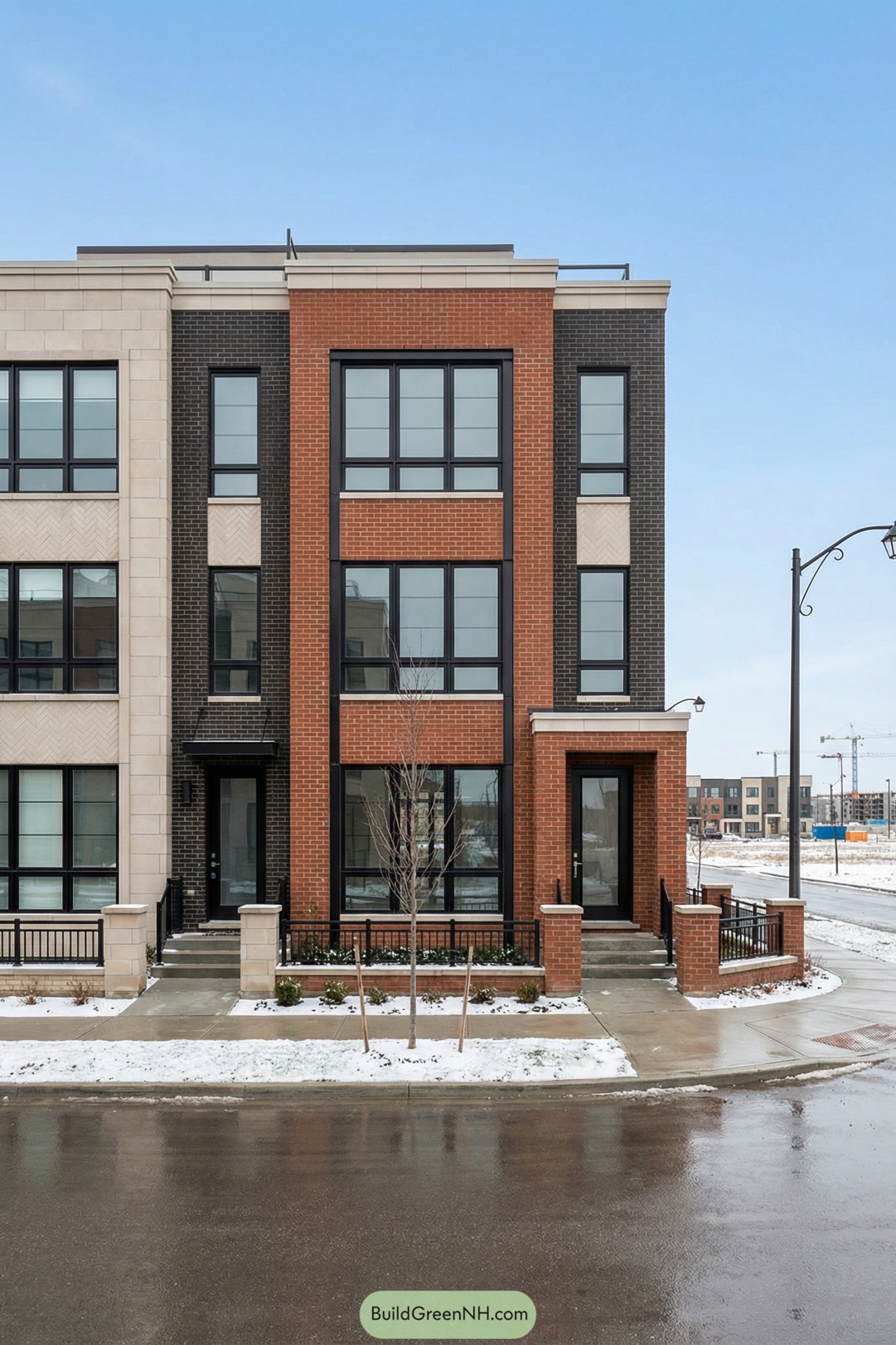 Modern three-story brick brownstone with large grid windows and dual entry stoops on a snowy city street