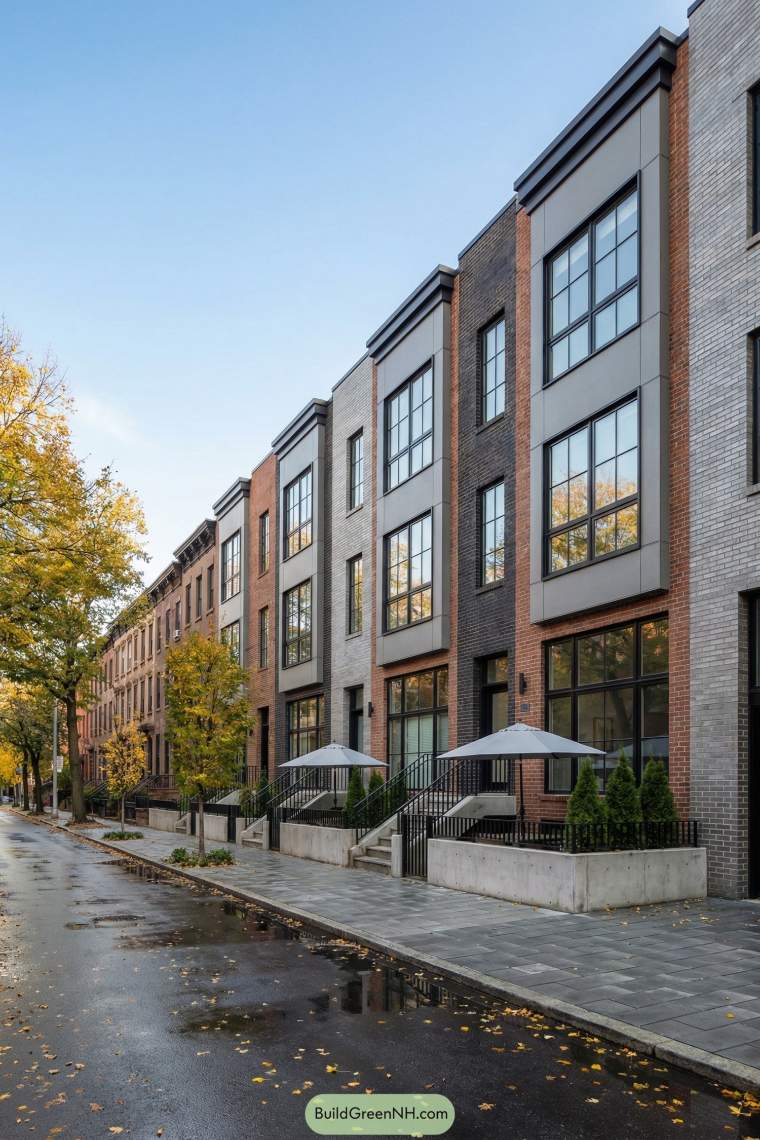 Contemporary brick townhouses with large windows and raised front patios along a city street