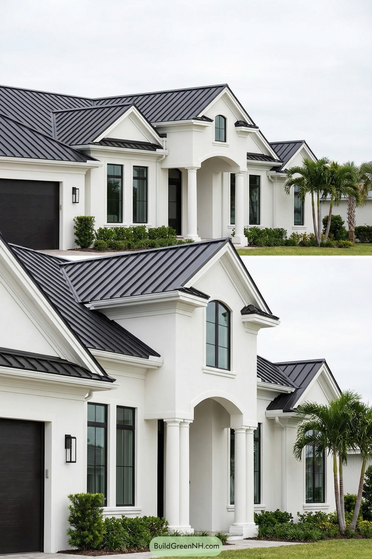 White coastal house with black metal roof