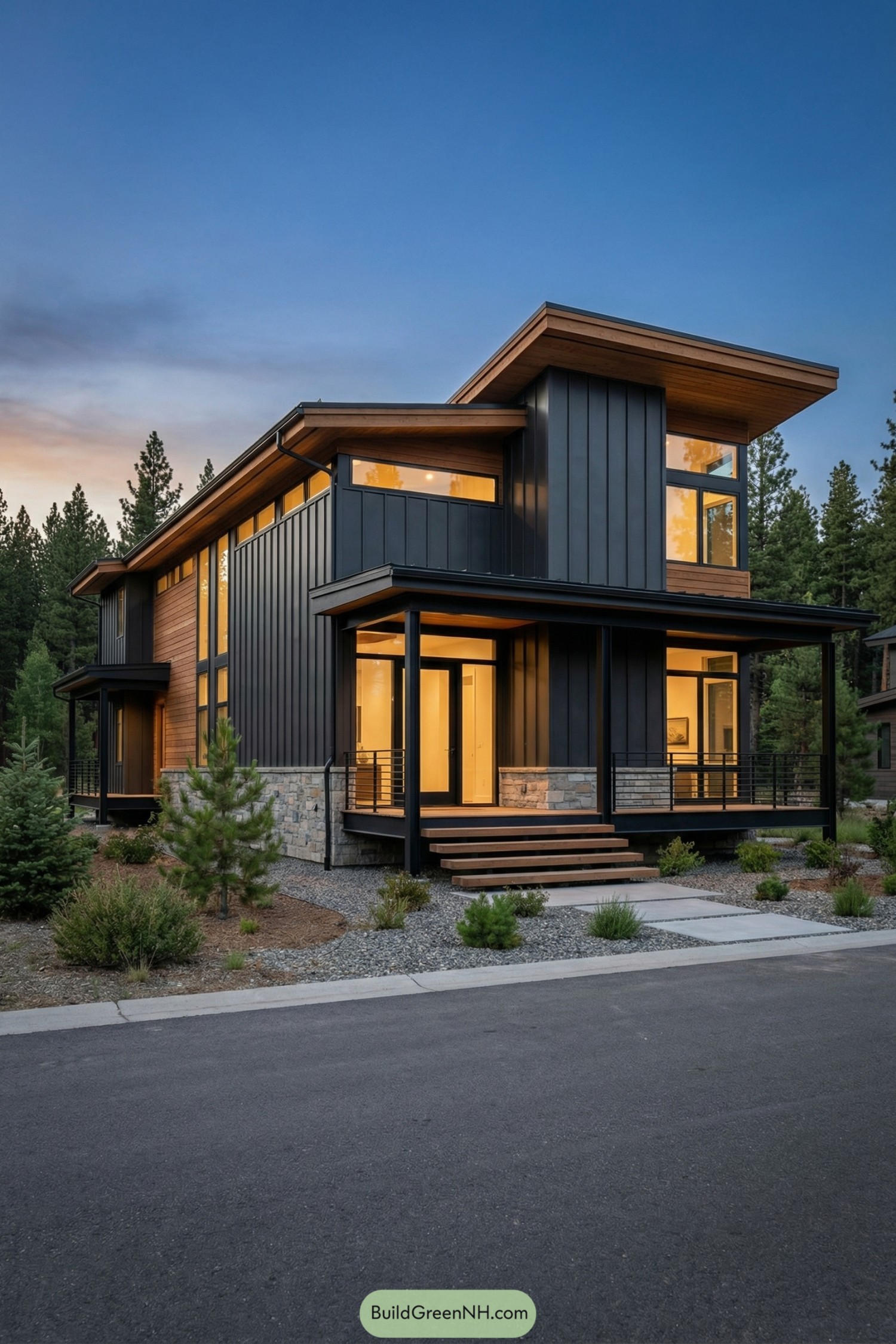 Modern two-story dark metal and wood house with large windows glowing at dusk in a forested neighborhood