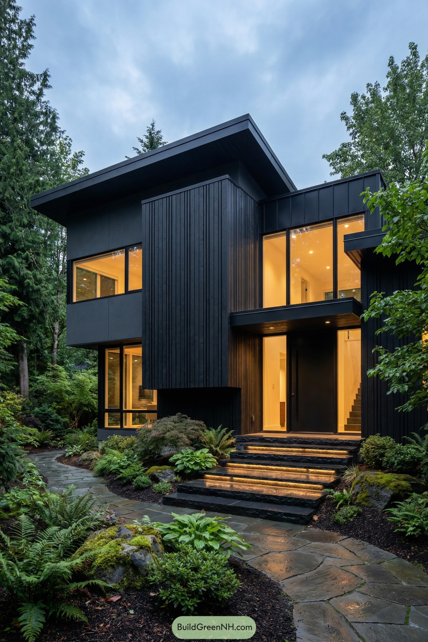 Dark modern house with tall windows and glowing entry steps