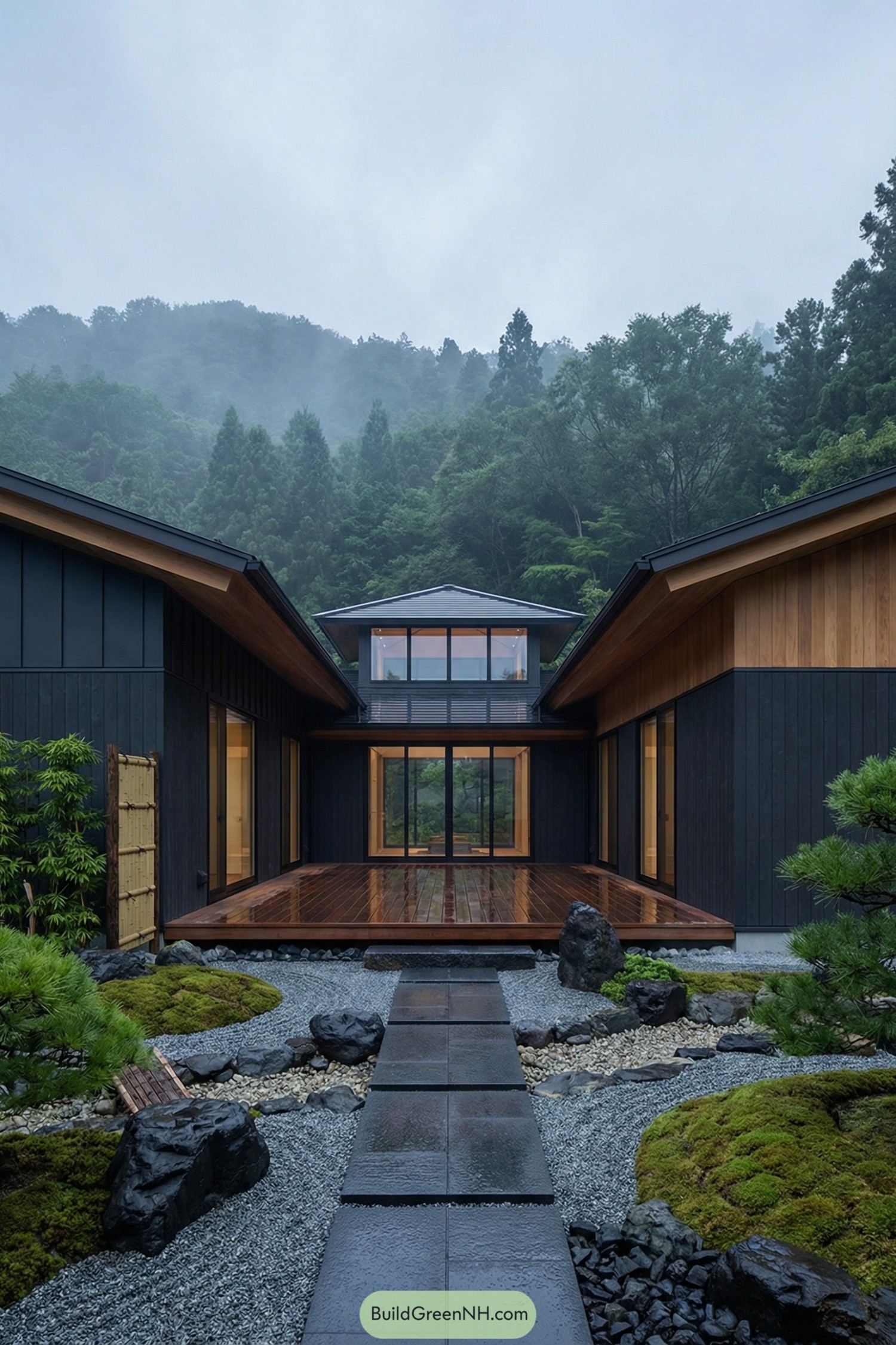Dark wood courtyard house with zen garden