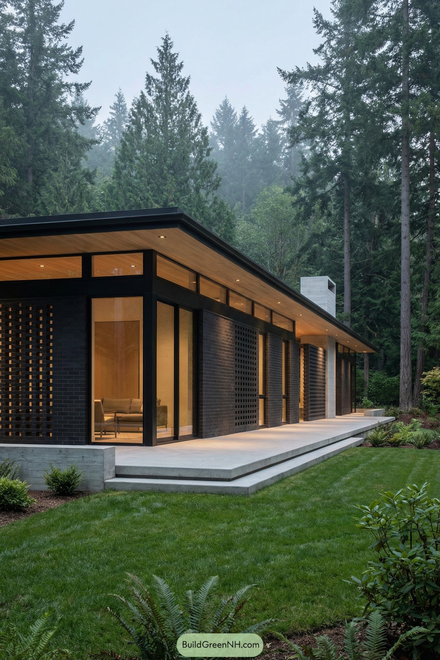 Modern dark brick and glass pavilion nestled in a lush forest clearing