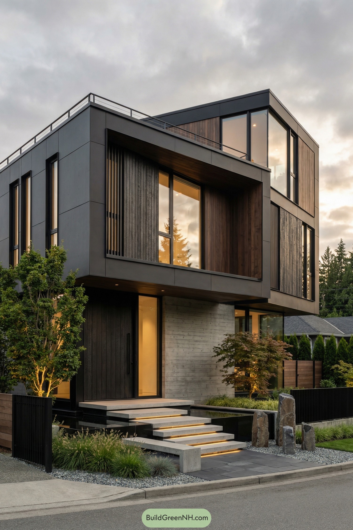 Modern dark three-story house with warm interior lighting, layered volumes, and floating concrete entry steps