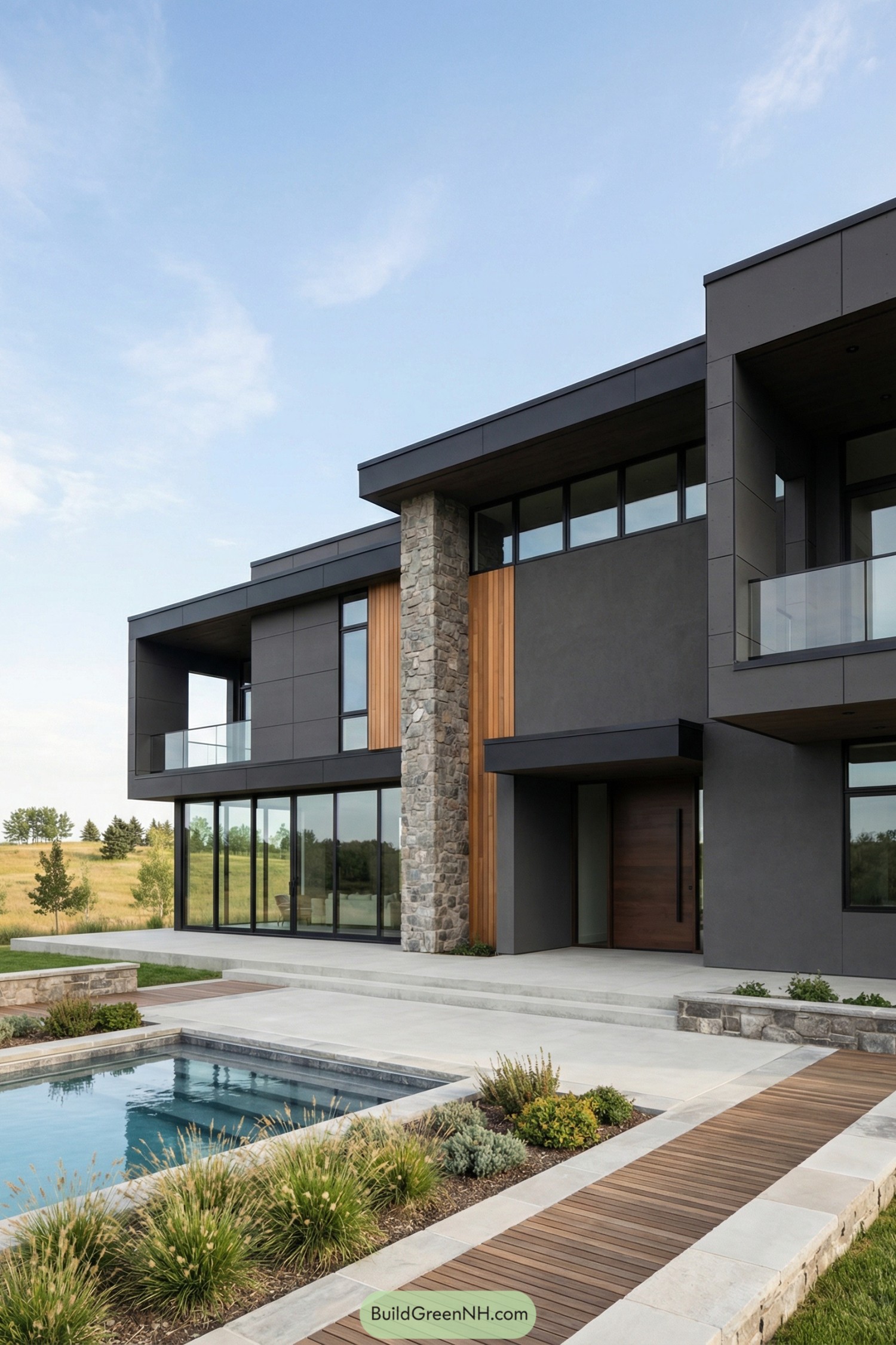 Dark modern two-story house with pool