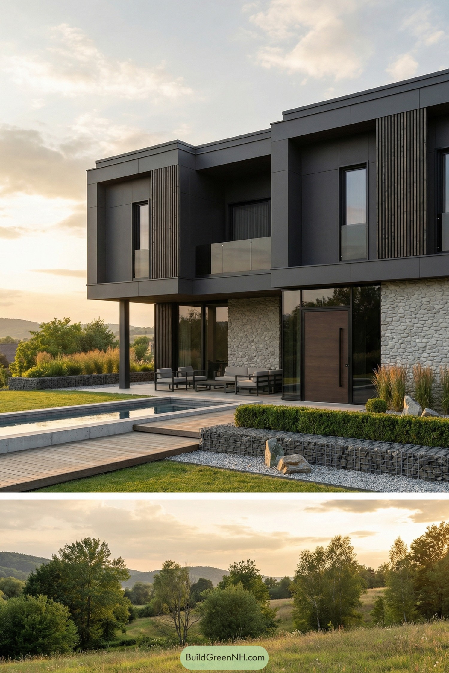 Dark modern two-story house with pool facing open countryside at sunset