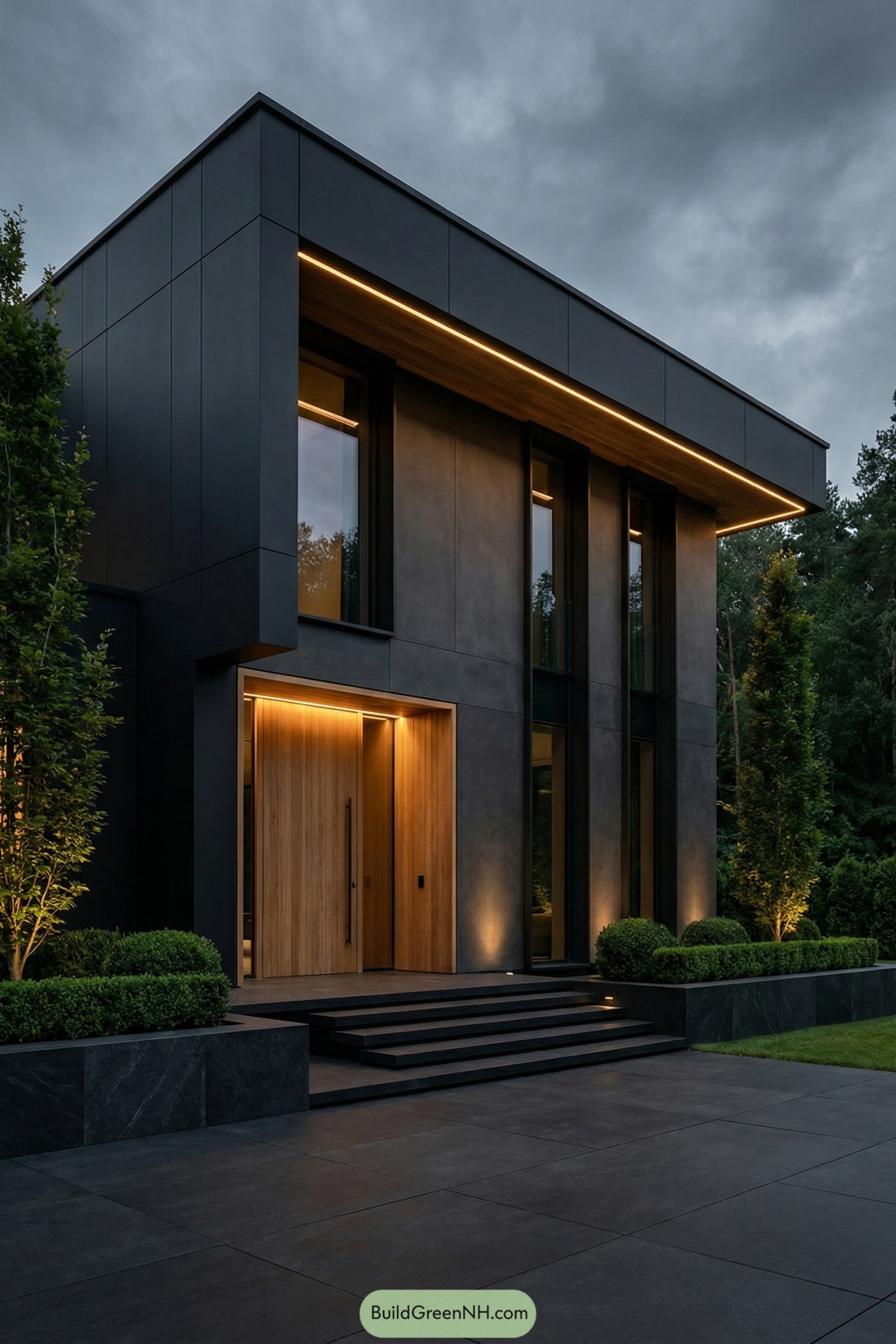 Dark modern two-story house with warm wood entry and linear lighting