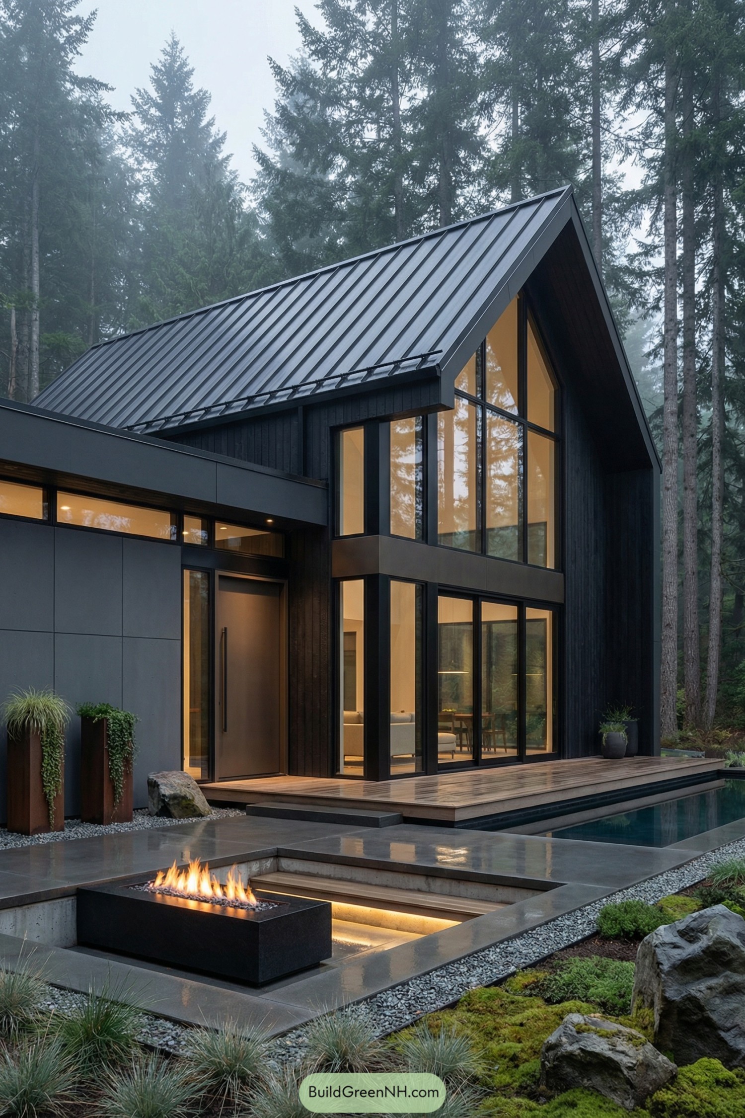 Dark woodland house with tall glass walls and sunken fire pit