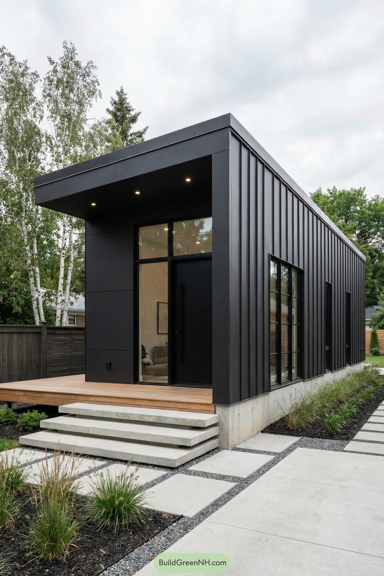 Sleek black modern house with metal cladding and concrete steps