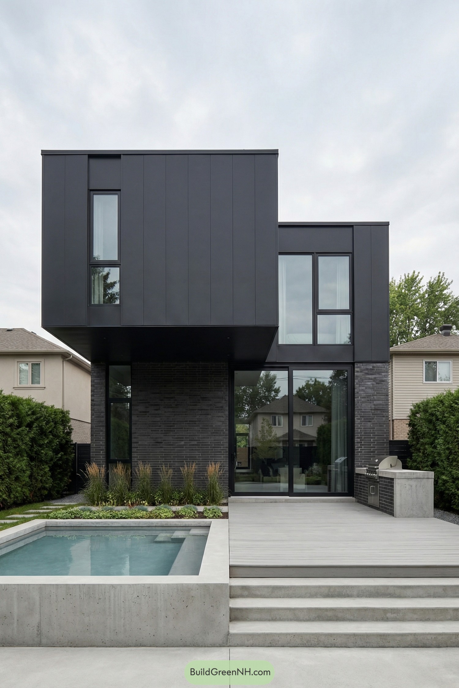 Dark modern boxy house with pool