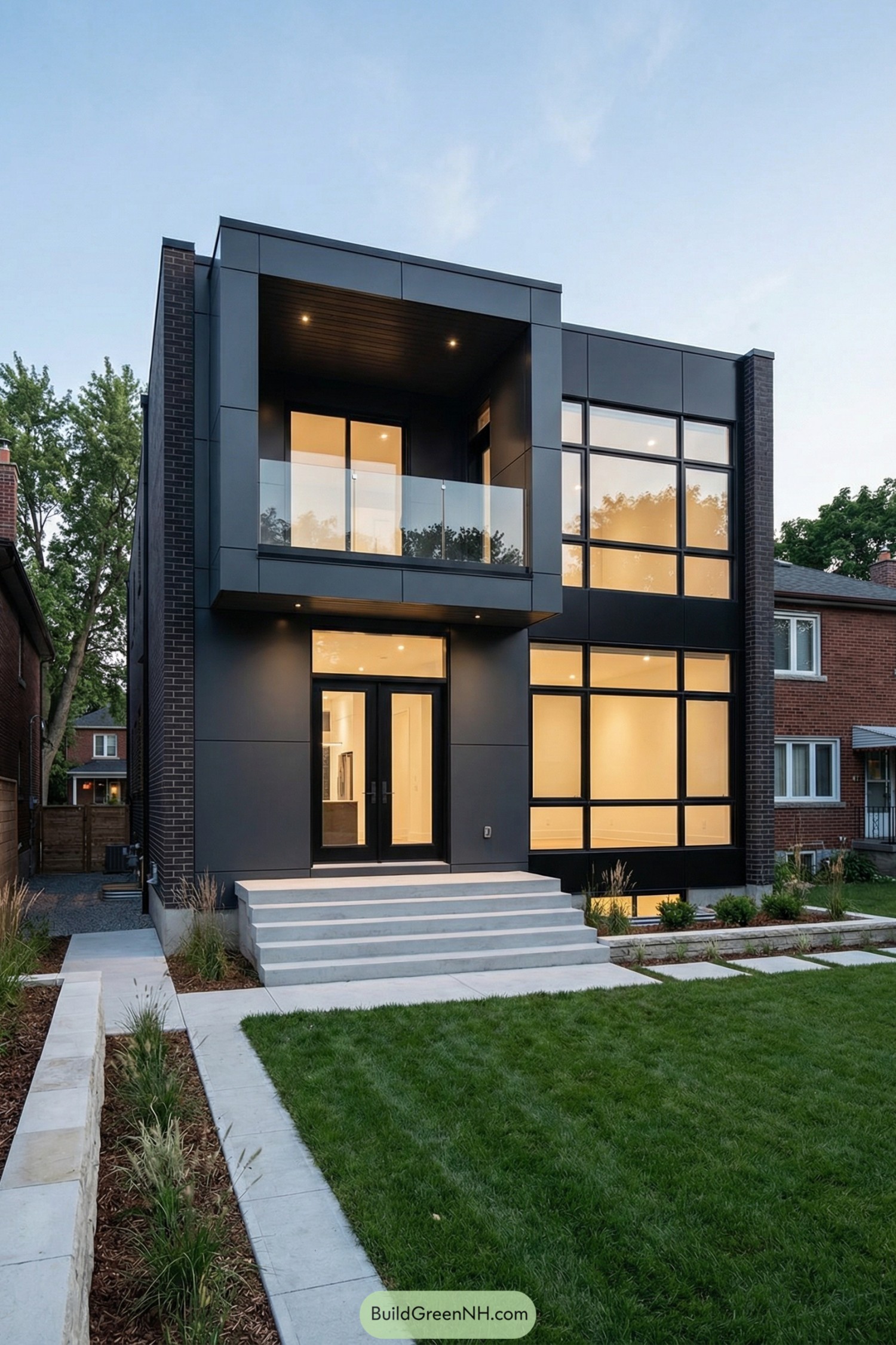 Modern dark-clad two-story house with large grid windows and front steps leading to glass entry