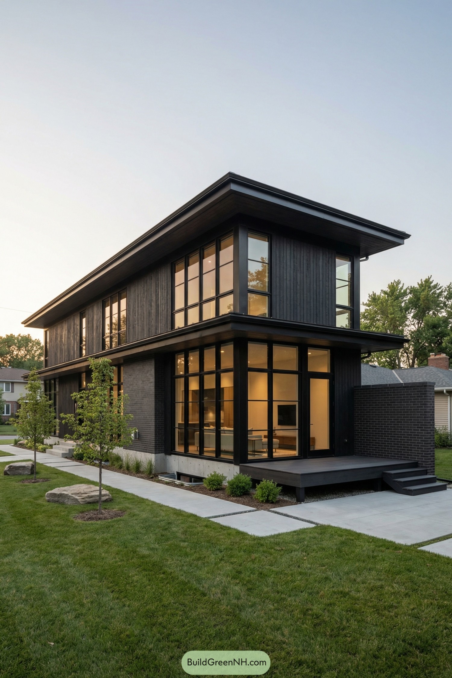 Two-story dark modern house with expansive glass walls