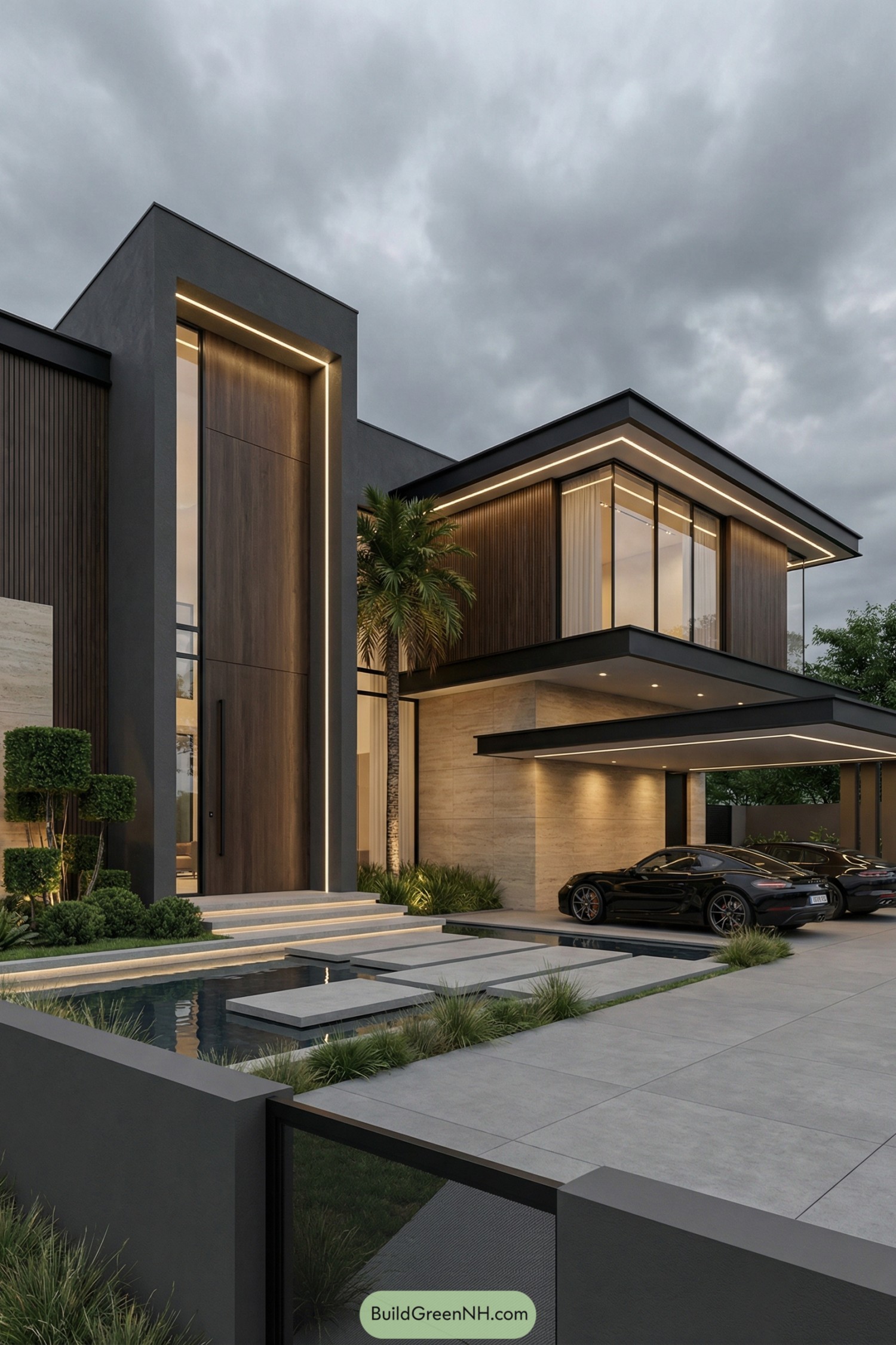 Modern dark house with floating upper level
