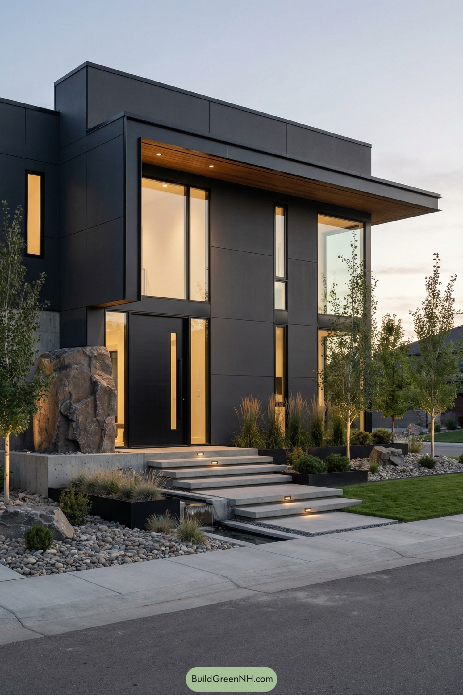 Modern dark two story house with tall windows concrete steps and minimalist landscaping