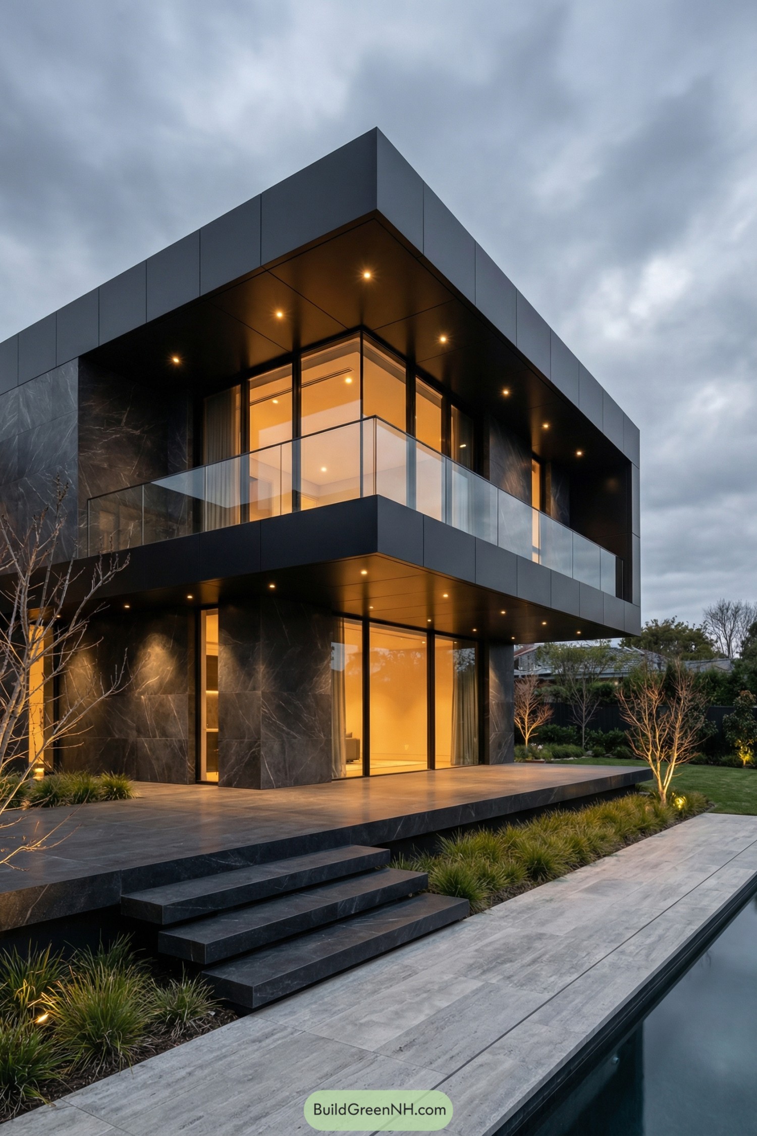 Dark two story modern house with glowing glass walls and balcony beside a pool at dusk