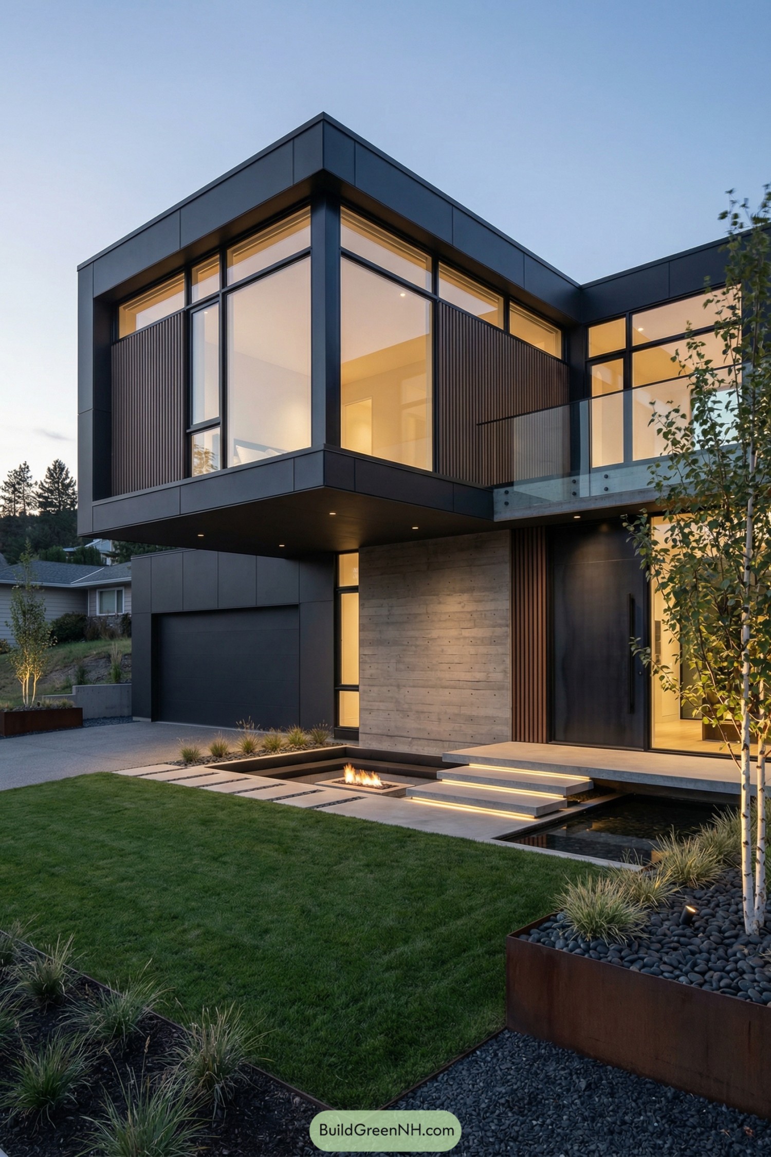 Modern dark house with cantilevered glass upper level, concrete entry, and linear fire feature by the front steps