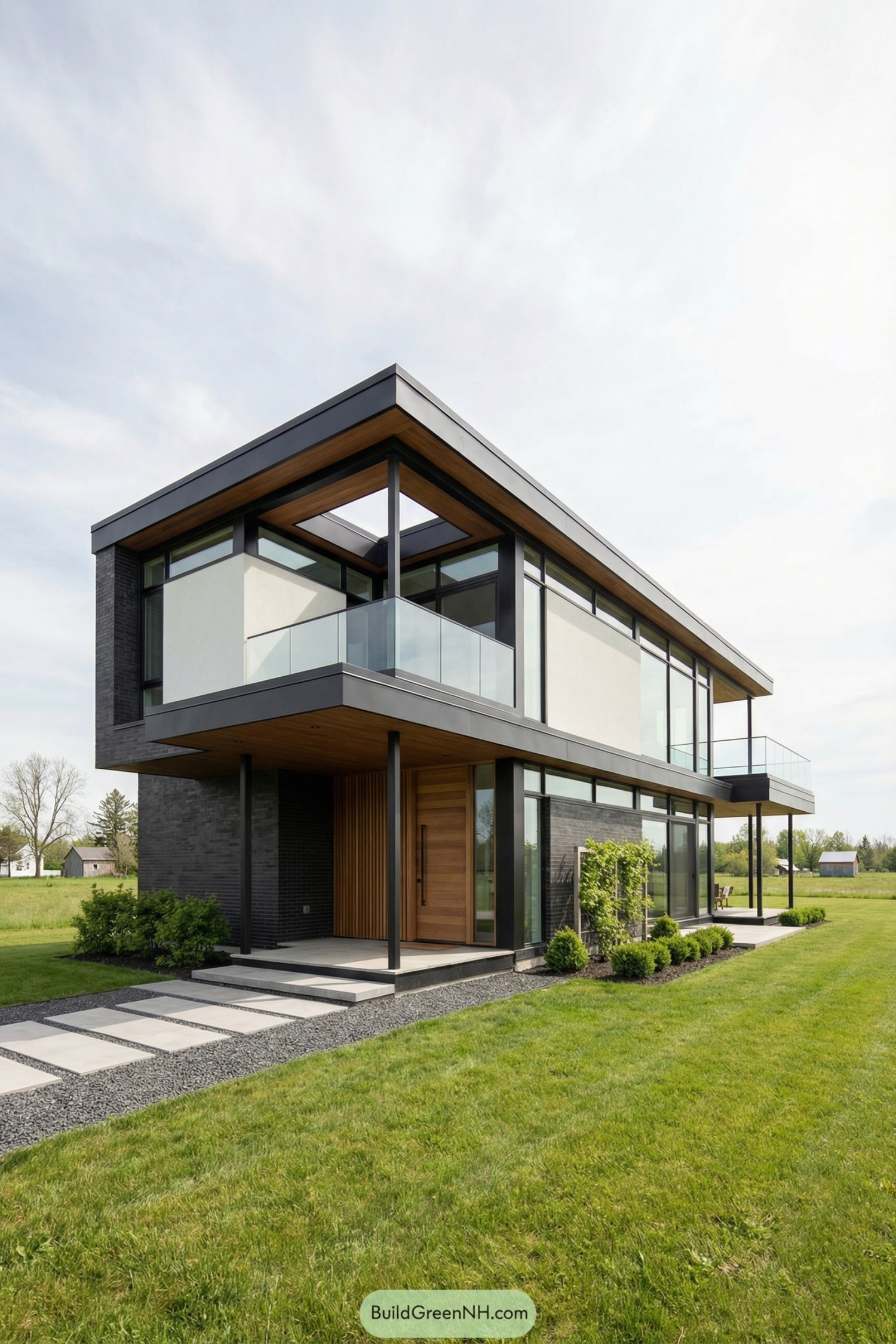 Modern two-story dark house with glass walls and wood accents on an open grassy lot