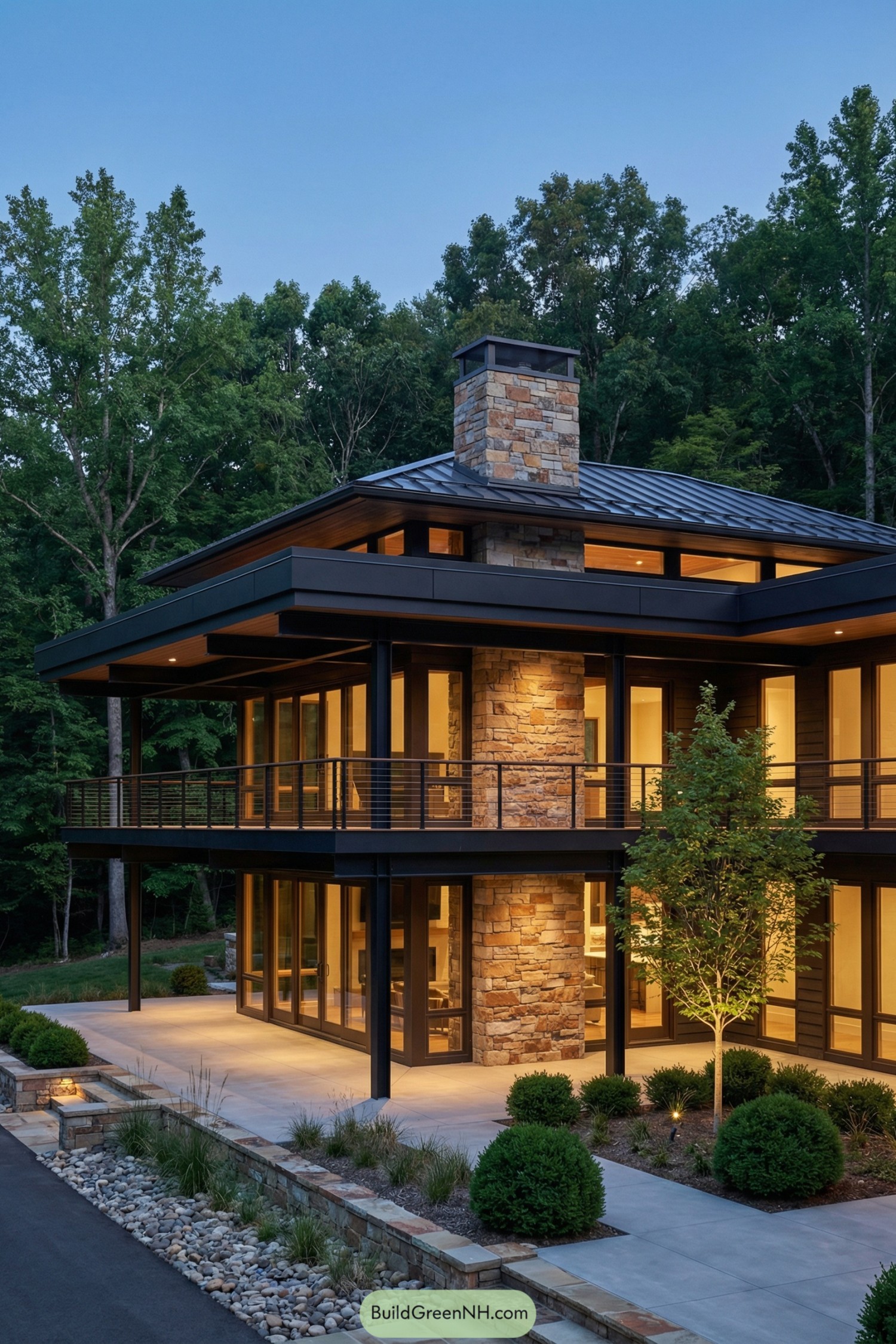 Two-story dark modern house with stone chimney, glass walls, and wraparound balcony glowing at dusk