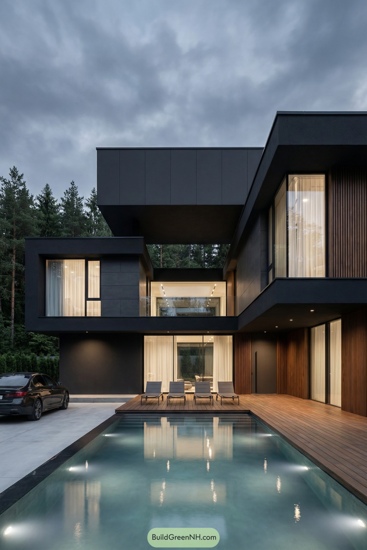 Dark modern L-shaped house with pool