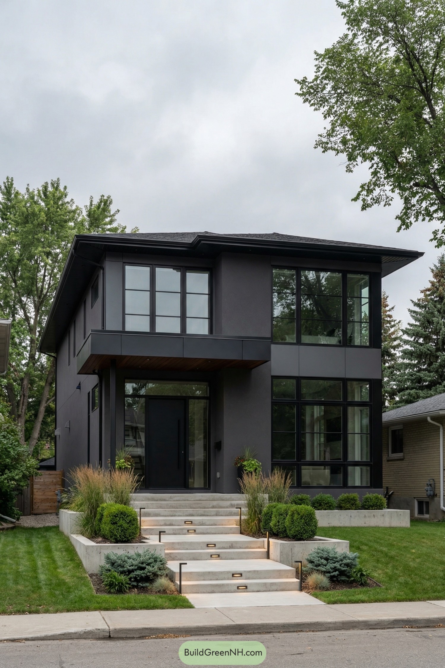 Dark gray two story modern house with large black-framed windows, concrete steps, and neat green landscaping