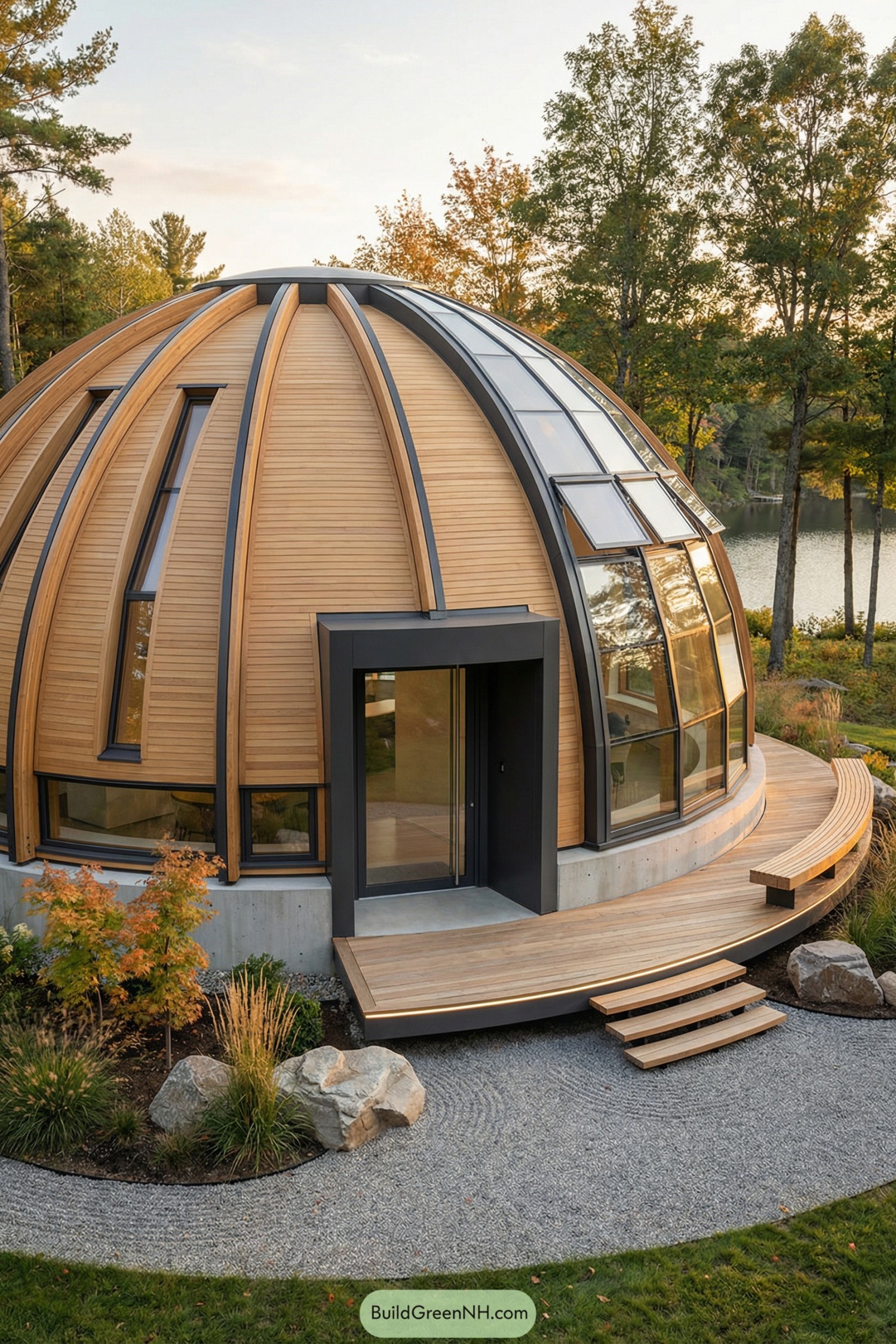 Modern wooden dome home with tall glass panels by a lake