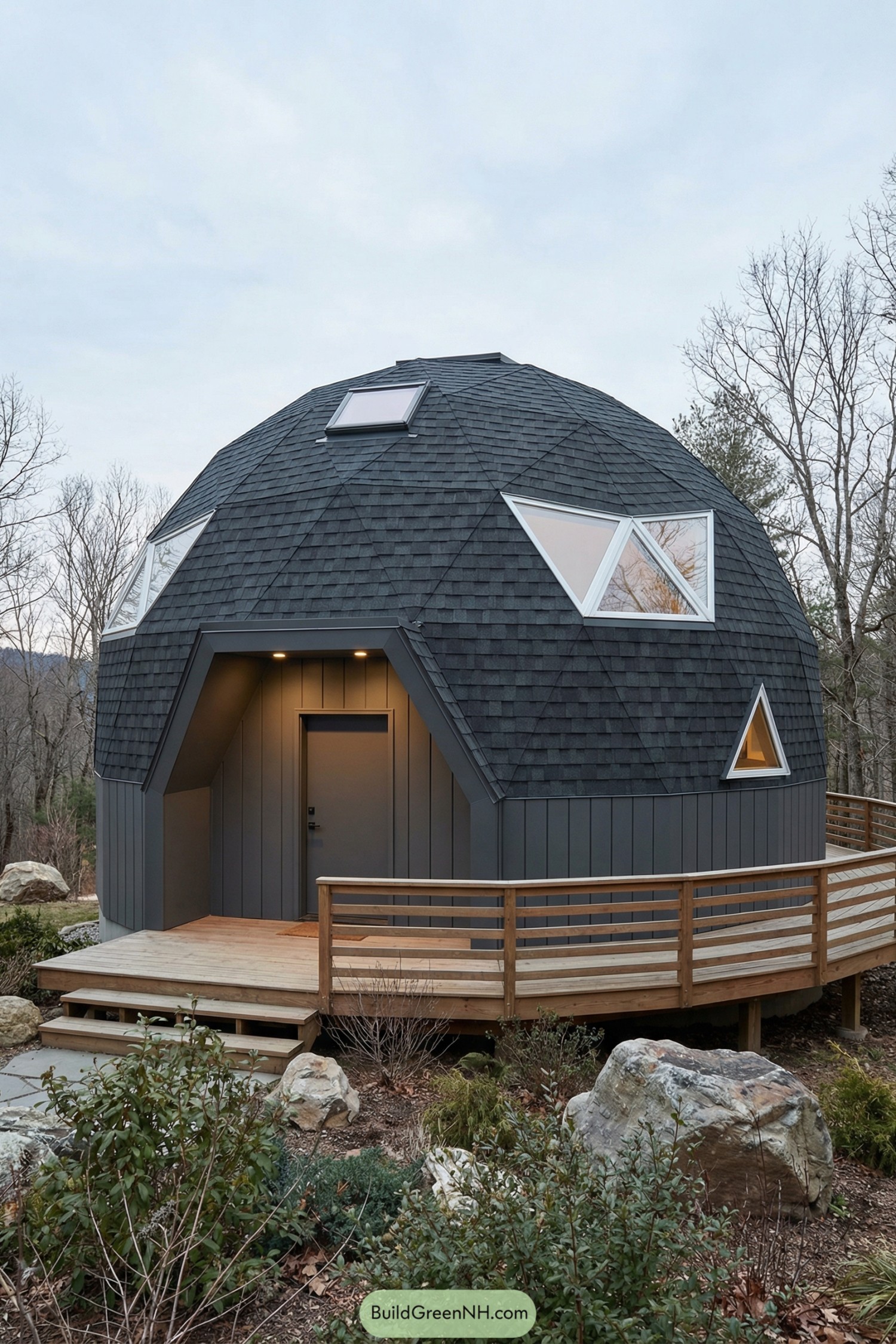 Dark shingled geodesic dome cabin with triangular windows and a wraparound deck in a wooded setting
