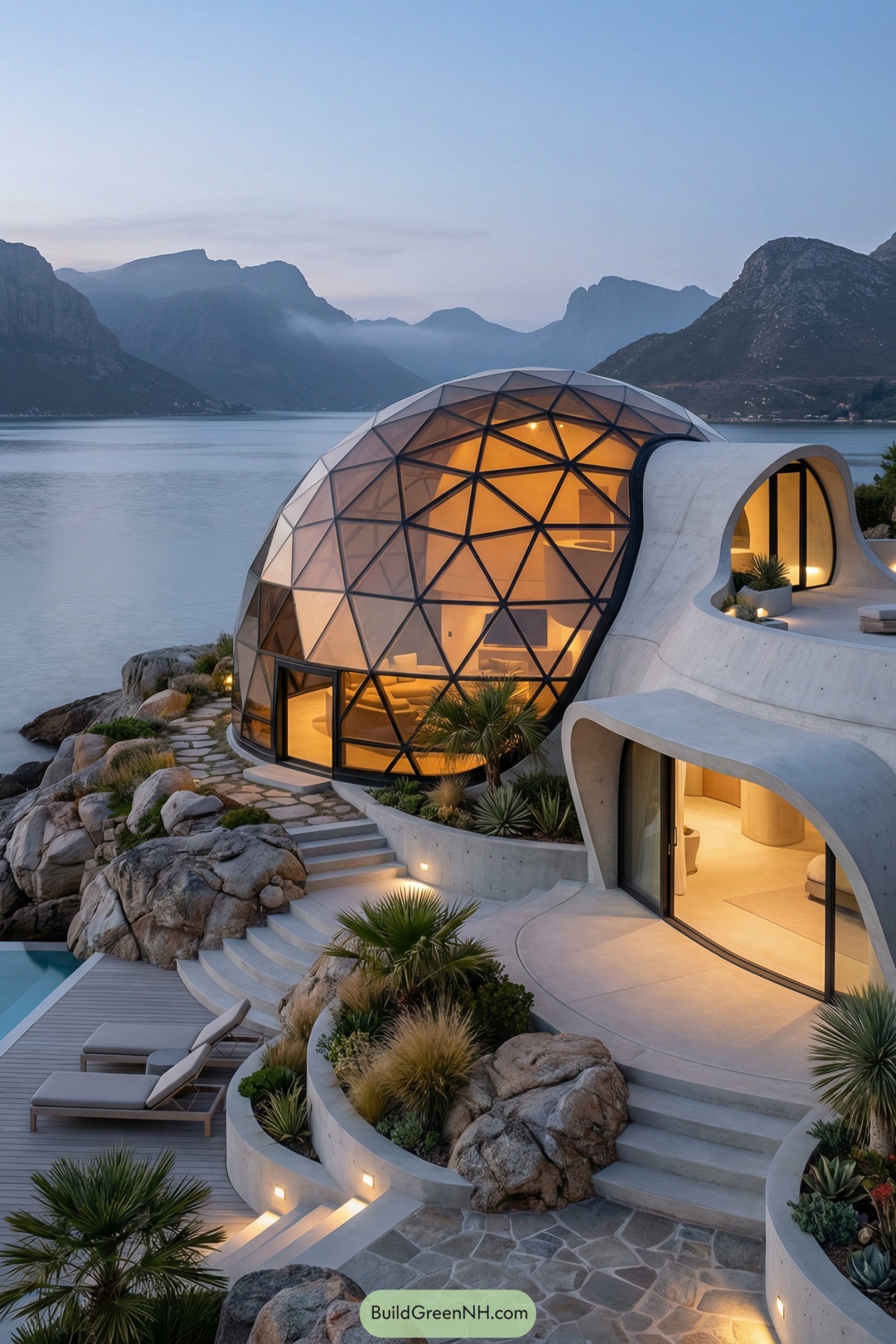 Futuristic glass geodesic home on a terraced rocky waterfront