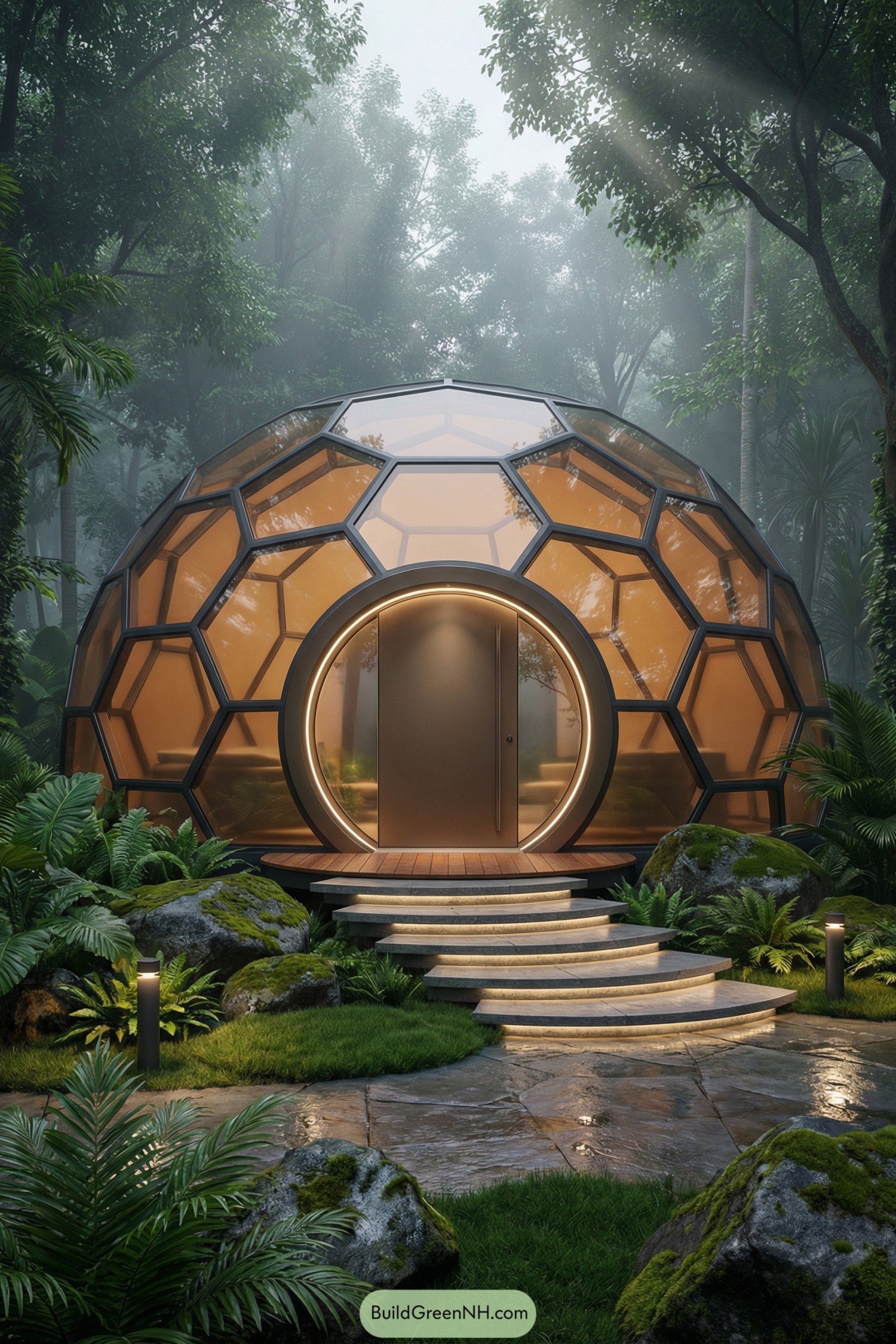 Futuristic amber glass dome house in lush forest