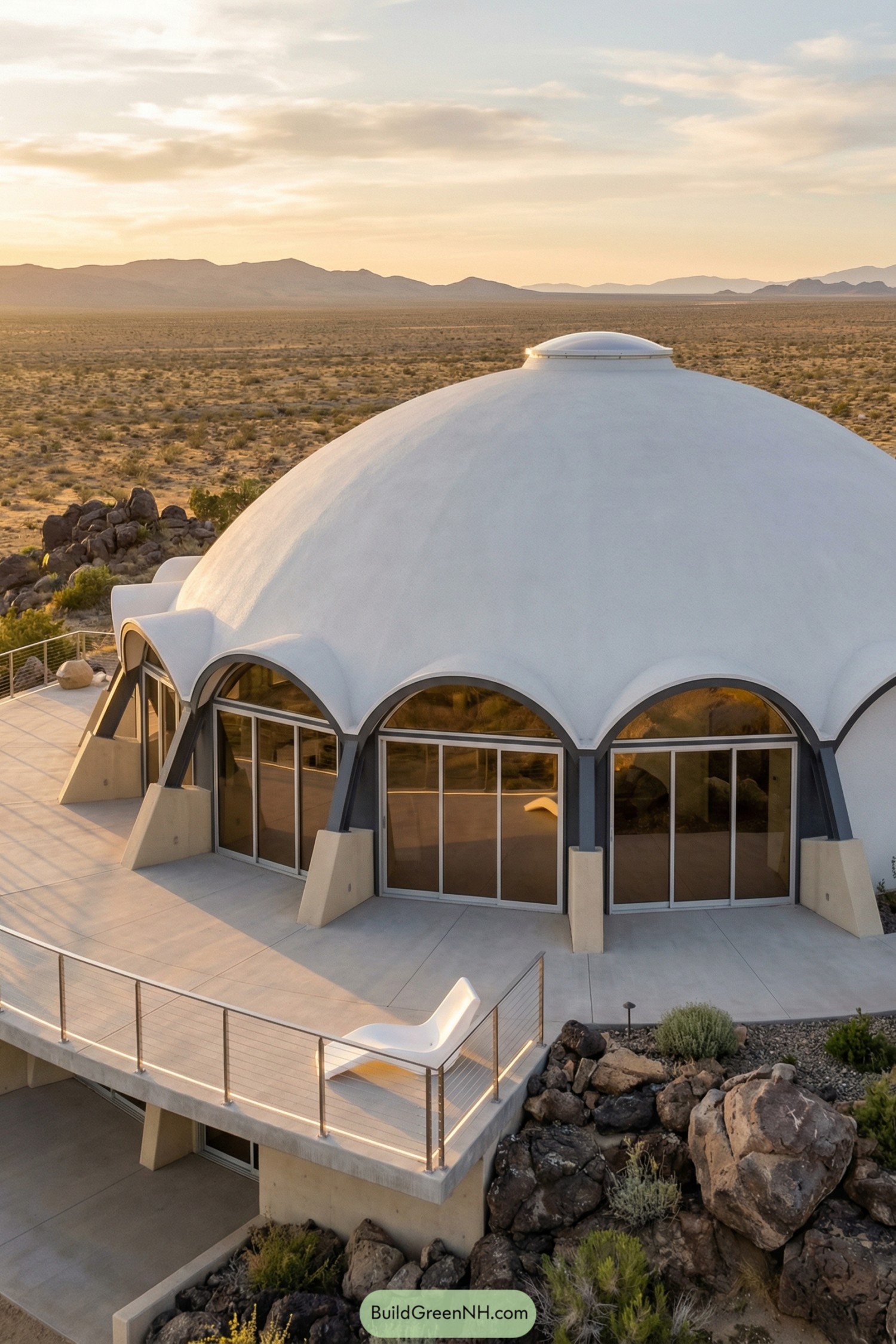 Smooth white dome house overlooking open desert