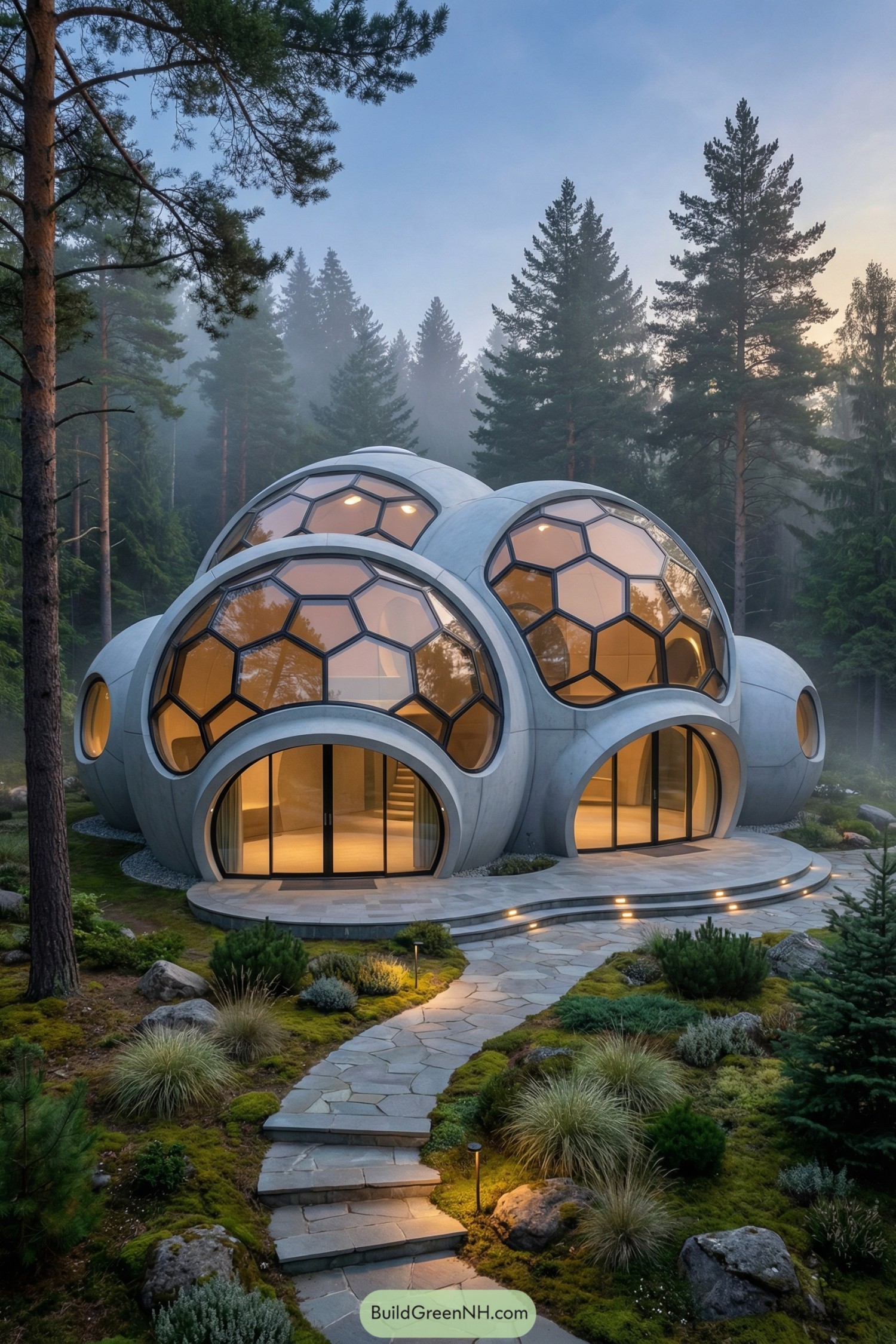 Clustered concrete dome house with honeycomb windows in a misty forest