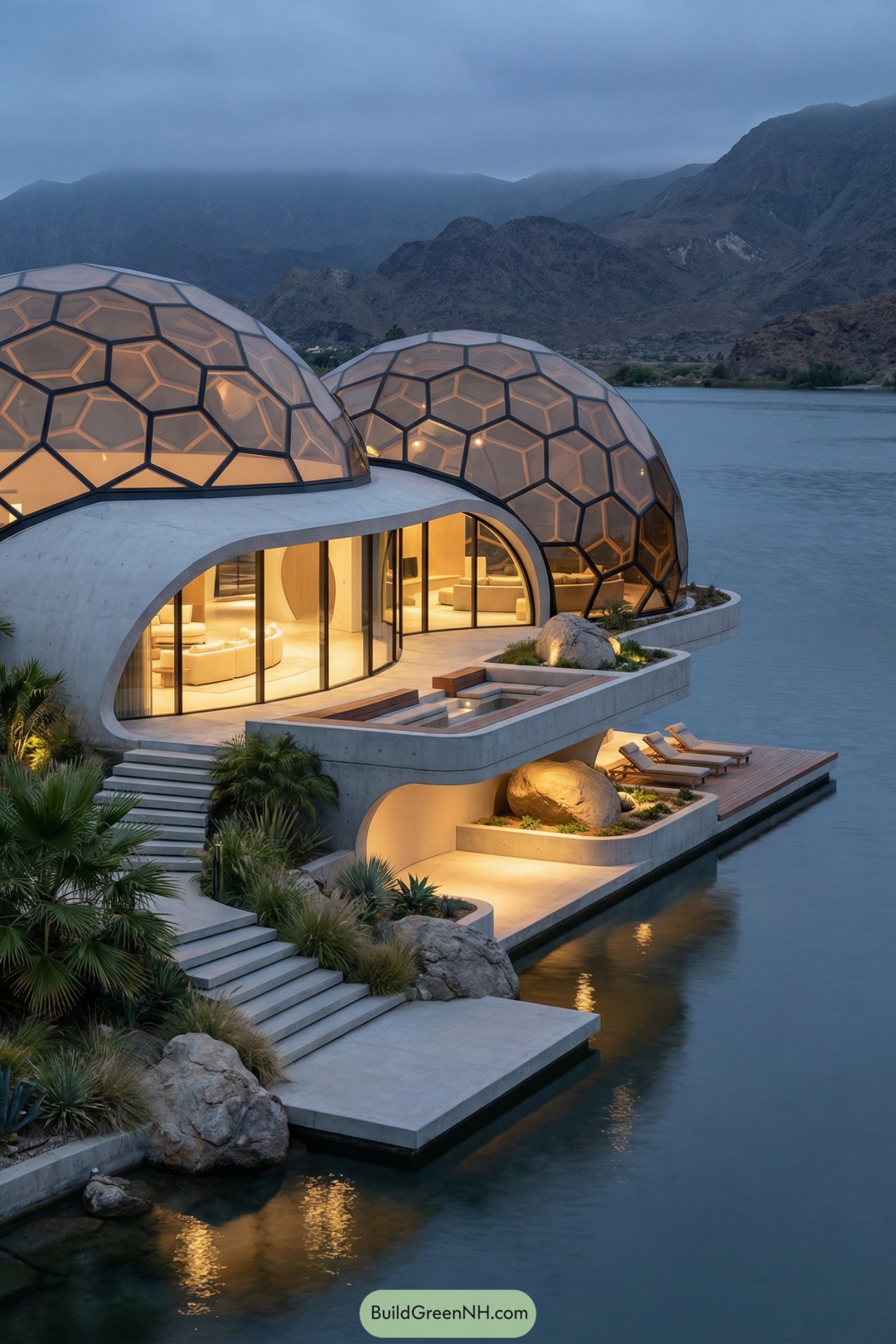 Futuristic honeycomb dome home perched over calm water at dusk