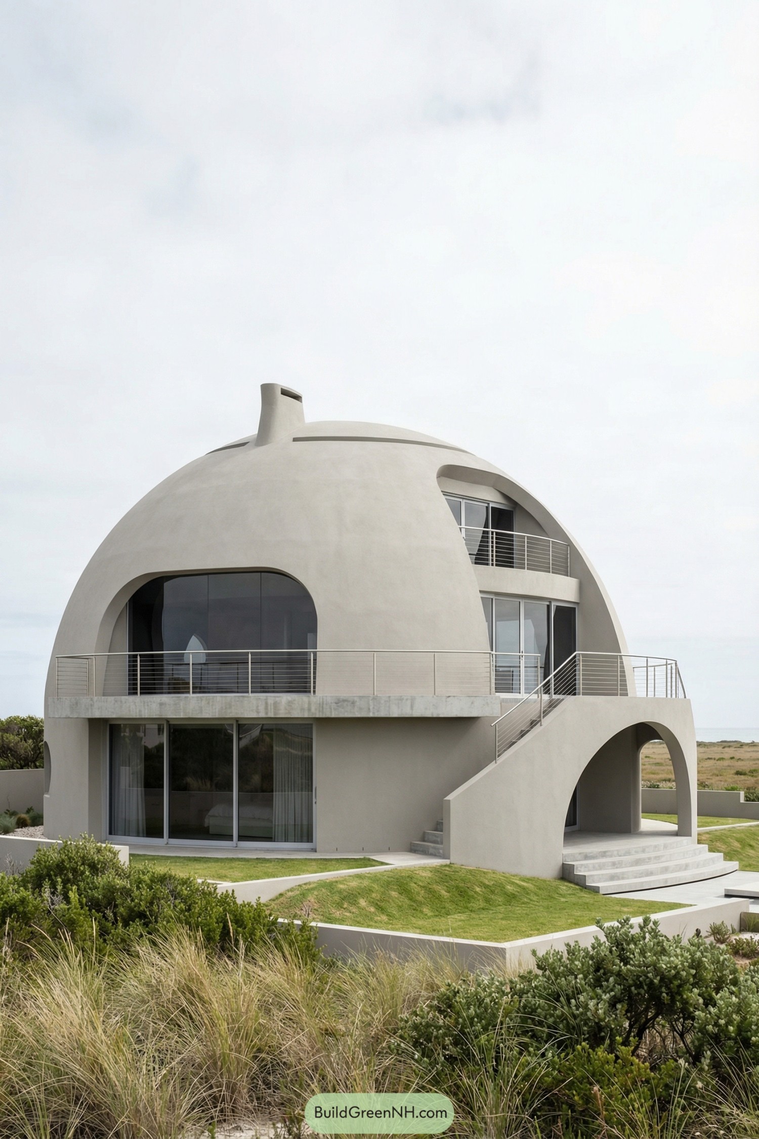 Smooth concrete dome house with wraparound terraces overlooking coastal grasslands