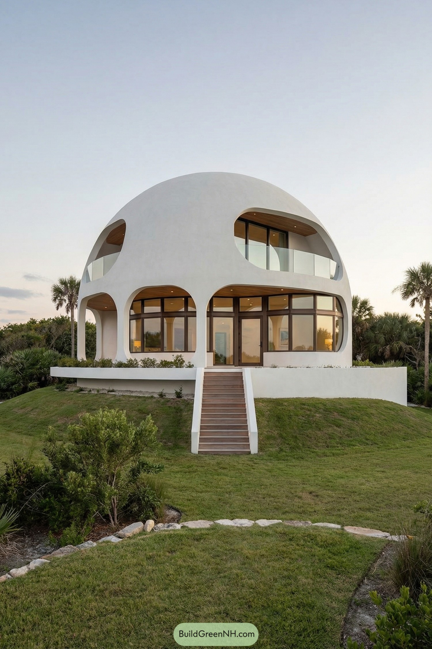 White modern dome house with large windows