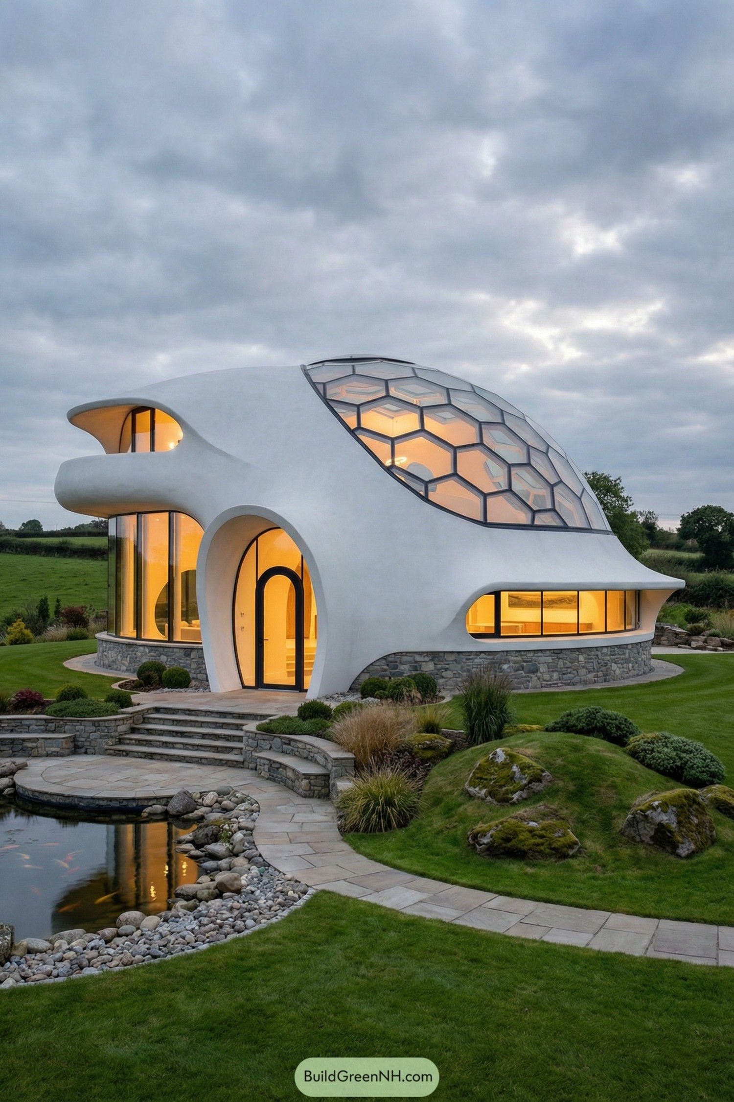 White dome house with hexagonal glass roof beside landscaped pond at dusk