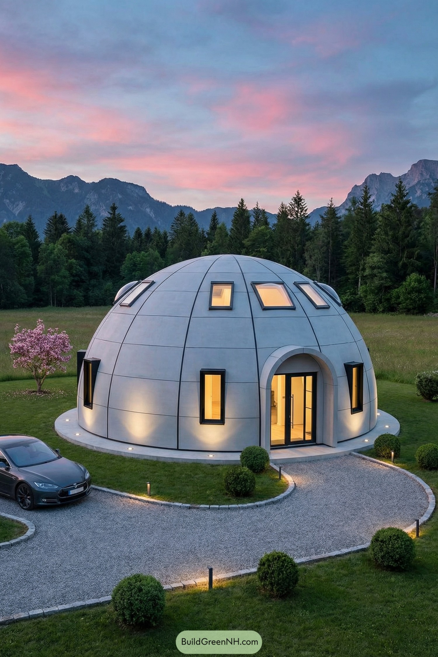 Modern dome house with glowing windows in a mountain meadow at dusk