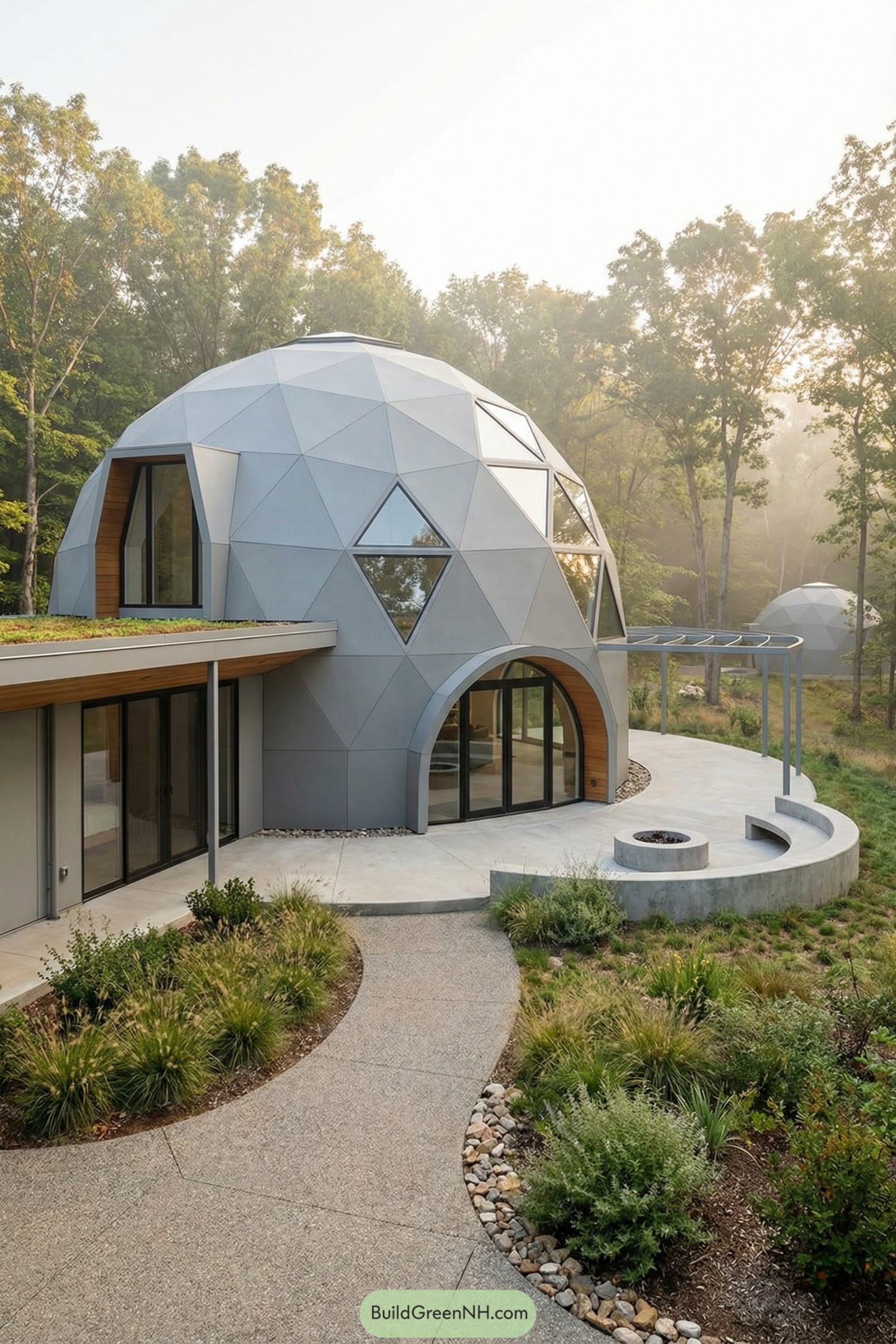 Modern geodesic dome home in a wooded setting
