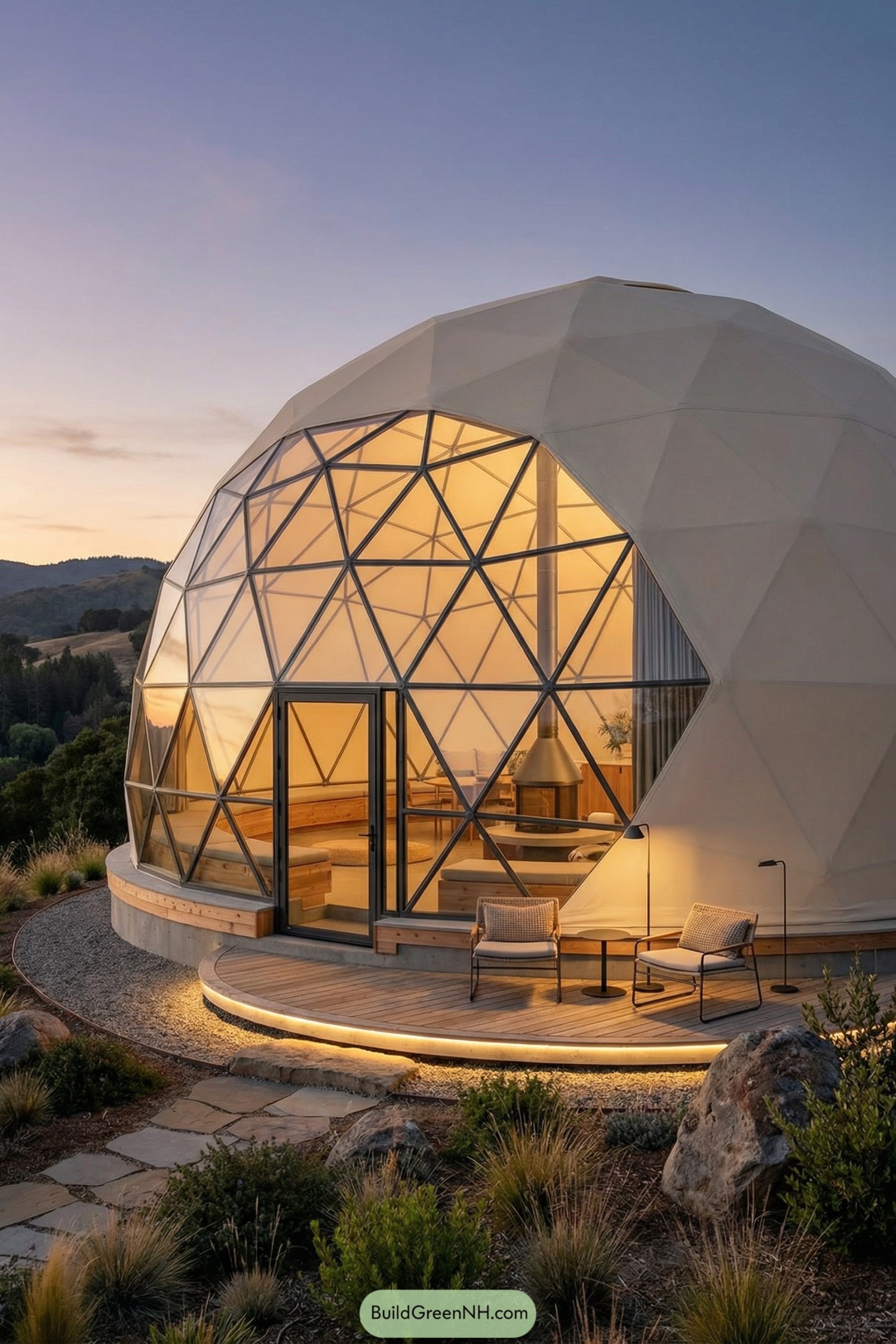 Modern geodesic dome house with glass facade at sunset