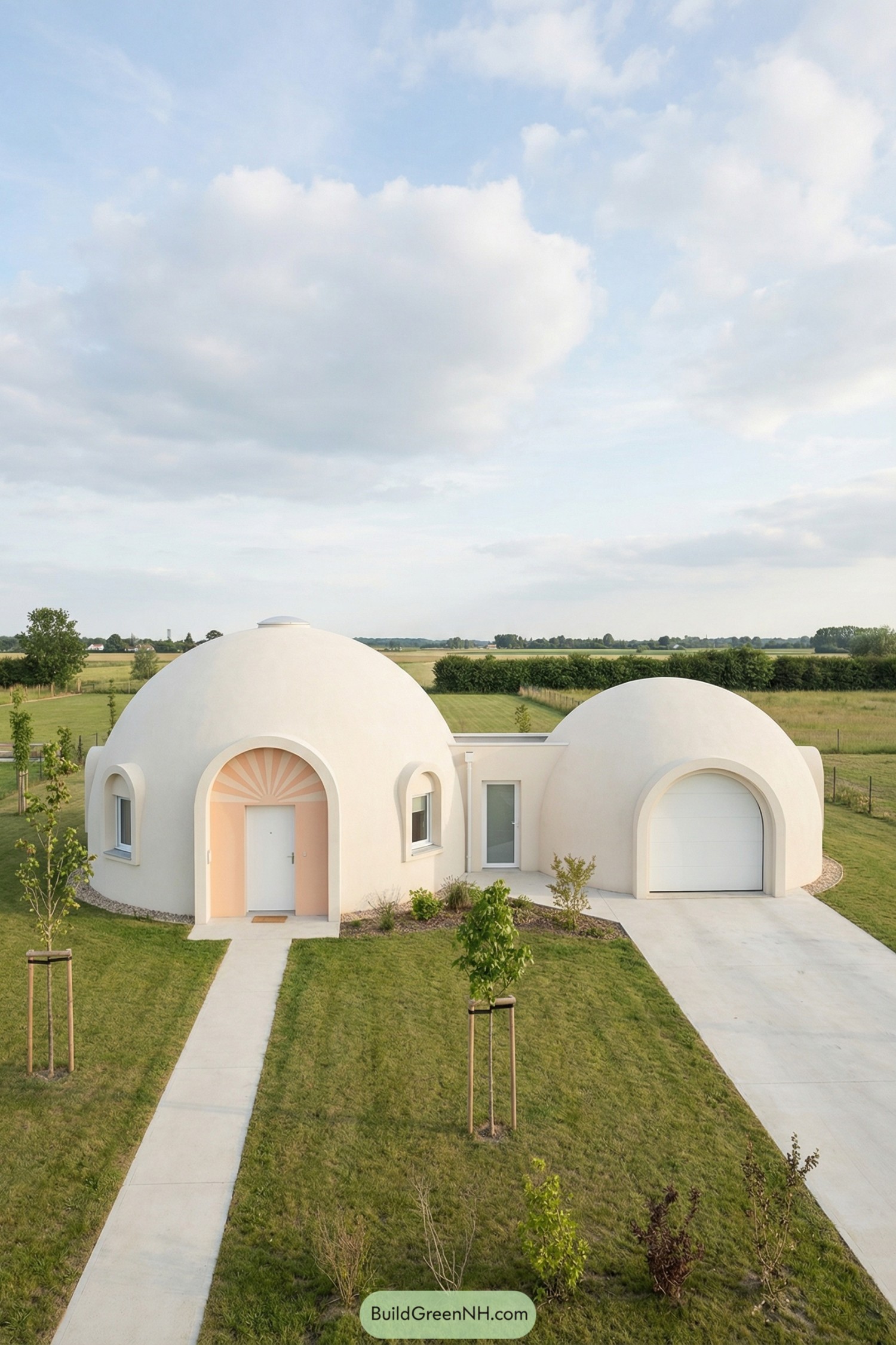 White twin dome house connected by a small hallway in an open grassy field