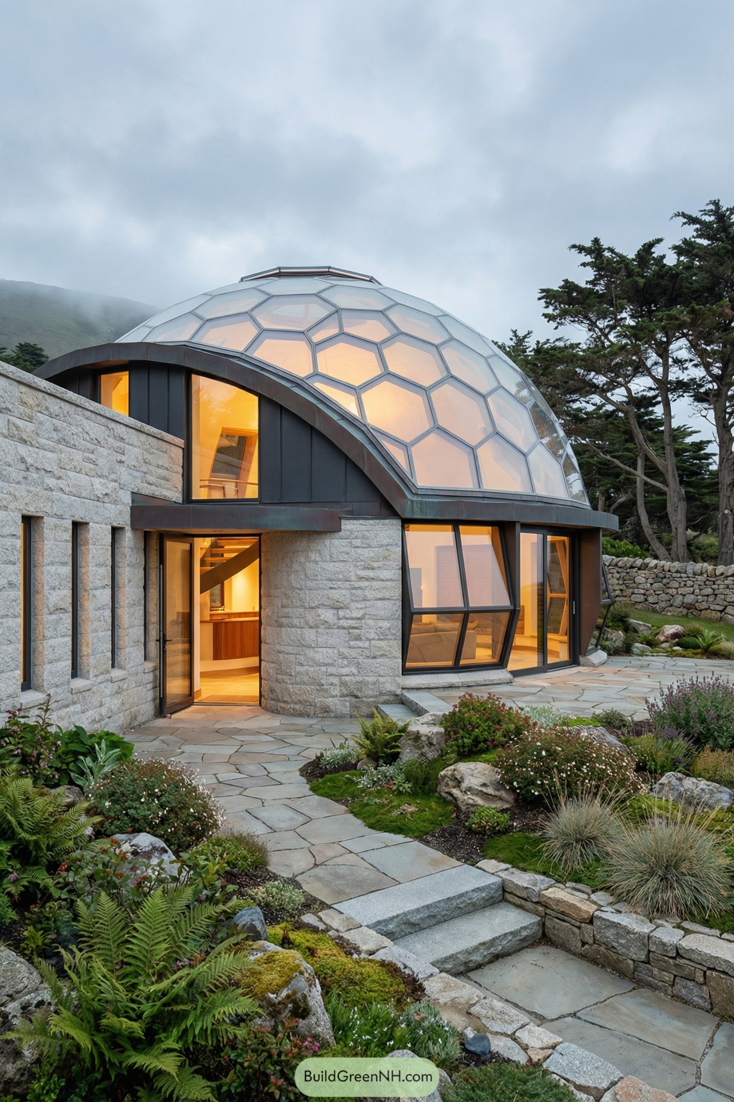 Modern stone-and-glass dome house at dusk